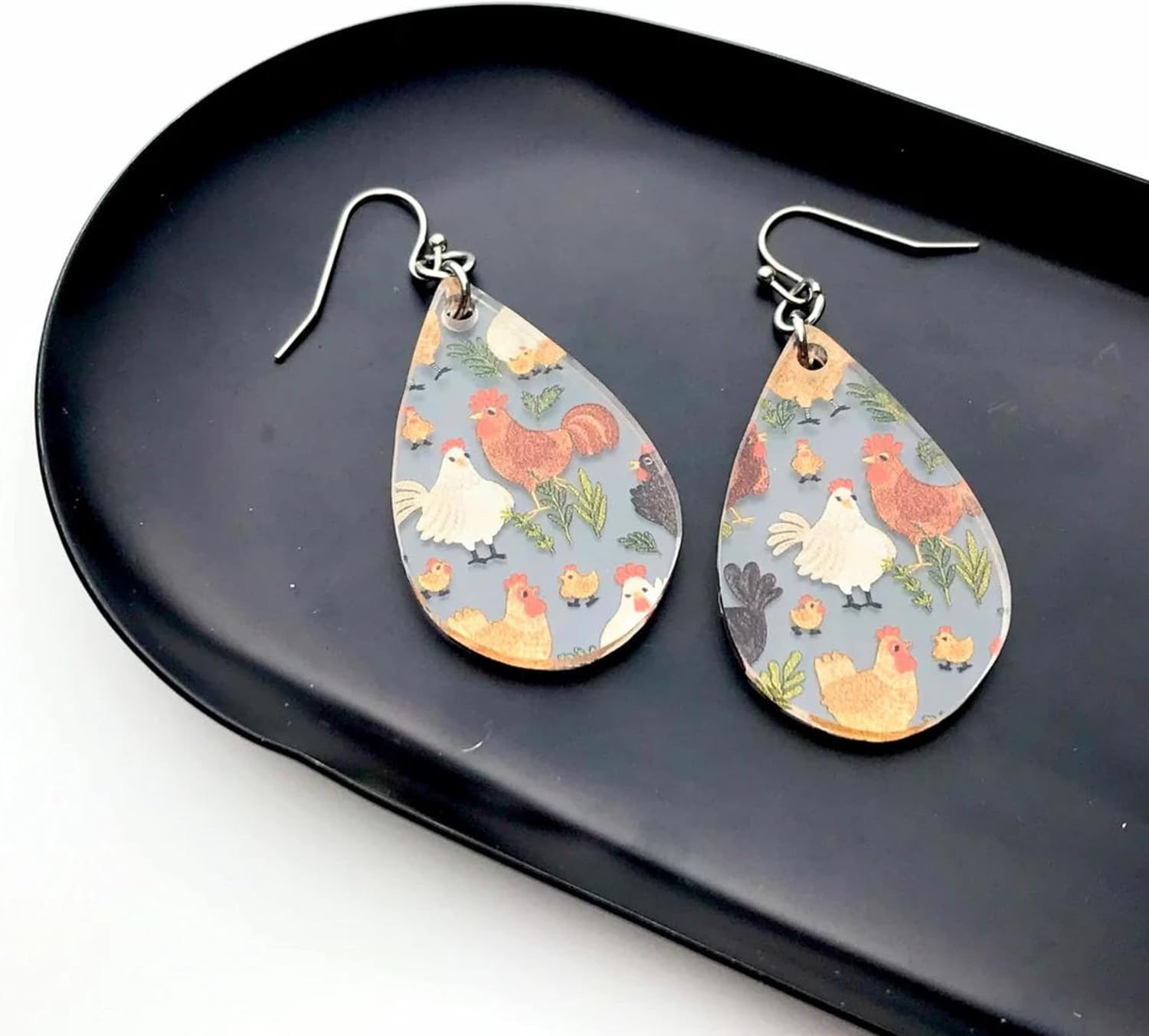 Chicken Patterned Clear Acrylic Dangle Teardrop Earrings for Crazy Chicken Lady - Image 4