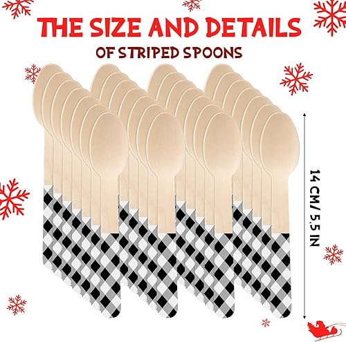 Miniatura 2 de Umigy 100 cucharas de madera desechables de 5.5 pulgadas, cucharas de madera desechables de Navidad con patrón de cuchara de madera para chocolate