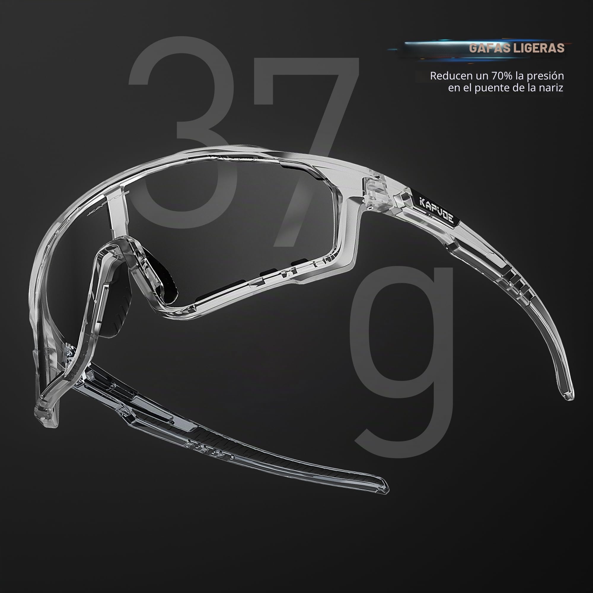 KAPVOE Gafas Ciclismo Fotocromáticas Lente y Montura UV400 Color Negro K76 | Lente & montura fotocromáticas, lente transparente a negro CAT.0-CAT.2, UV400, almohadilla regulable