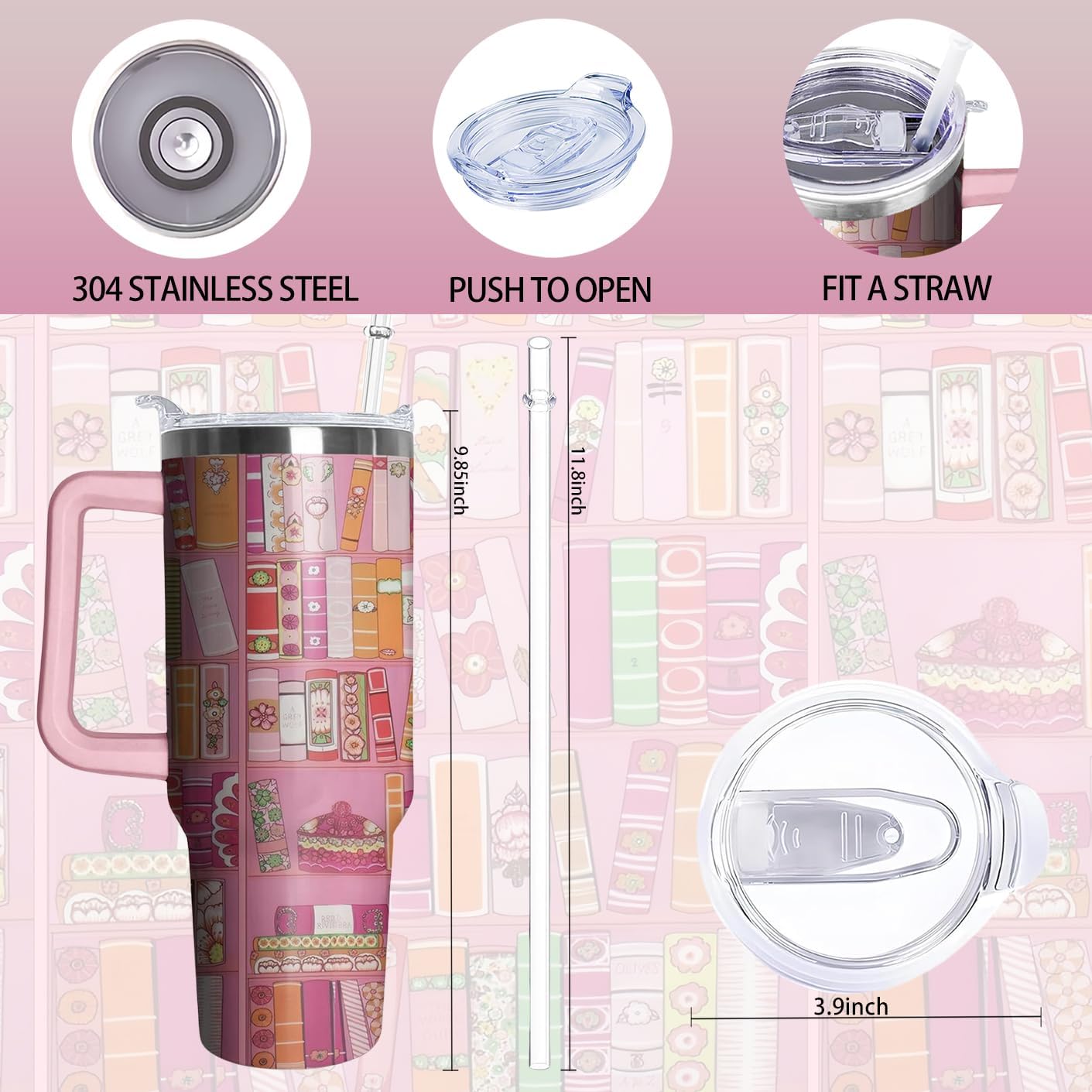 40oz Book Tumbler with Handle and Straw, Book lovers Gifts for Women, Bookish Stainless Steel Travel Mug Water Bottle for Readers, Librarians, Bookaholics, Bookworms, Vacuum Insulated Cup with Lid - Image 2