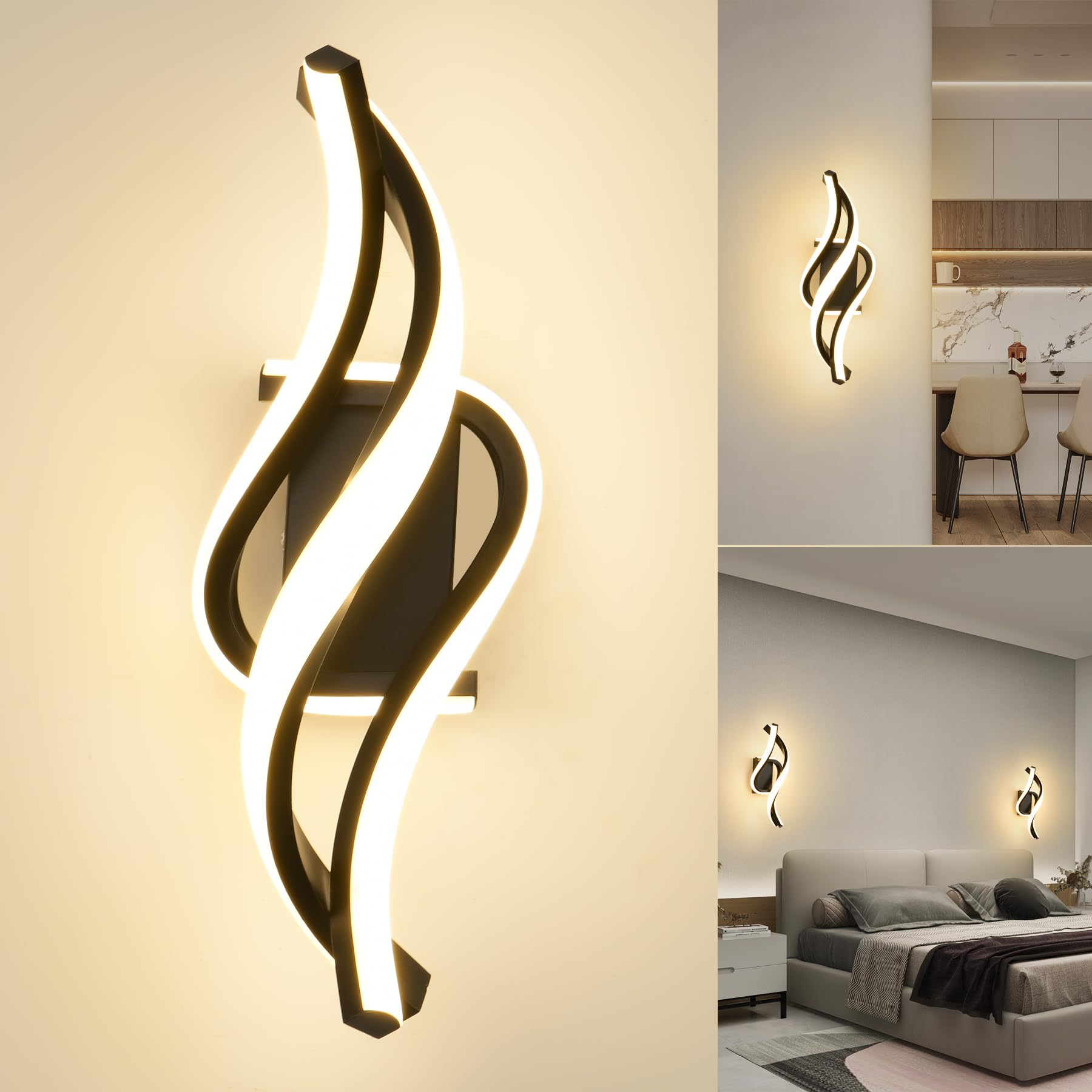 KUKAK Applique da Parete Interno,22W LED Luce Bianco Caldo 3000K 1800 Lumen Lampada da Parete,Moderno Design Curvo Lampade a Muro,Aplique Alluminio per Bagno Soggiorno Camera da Letto Scale Corridoio
