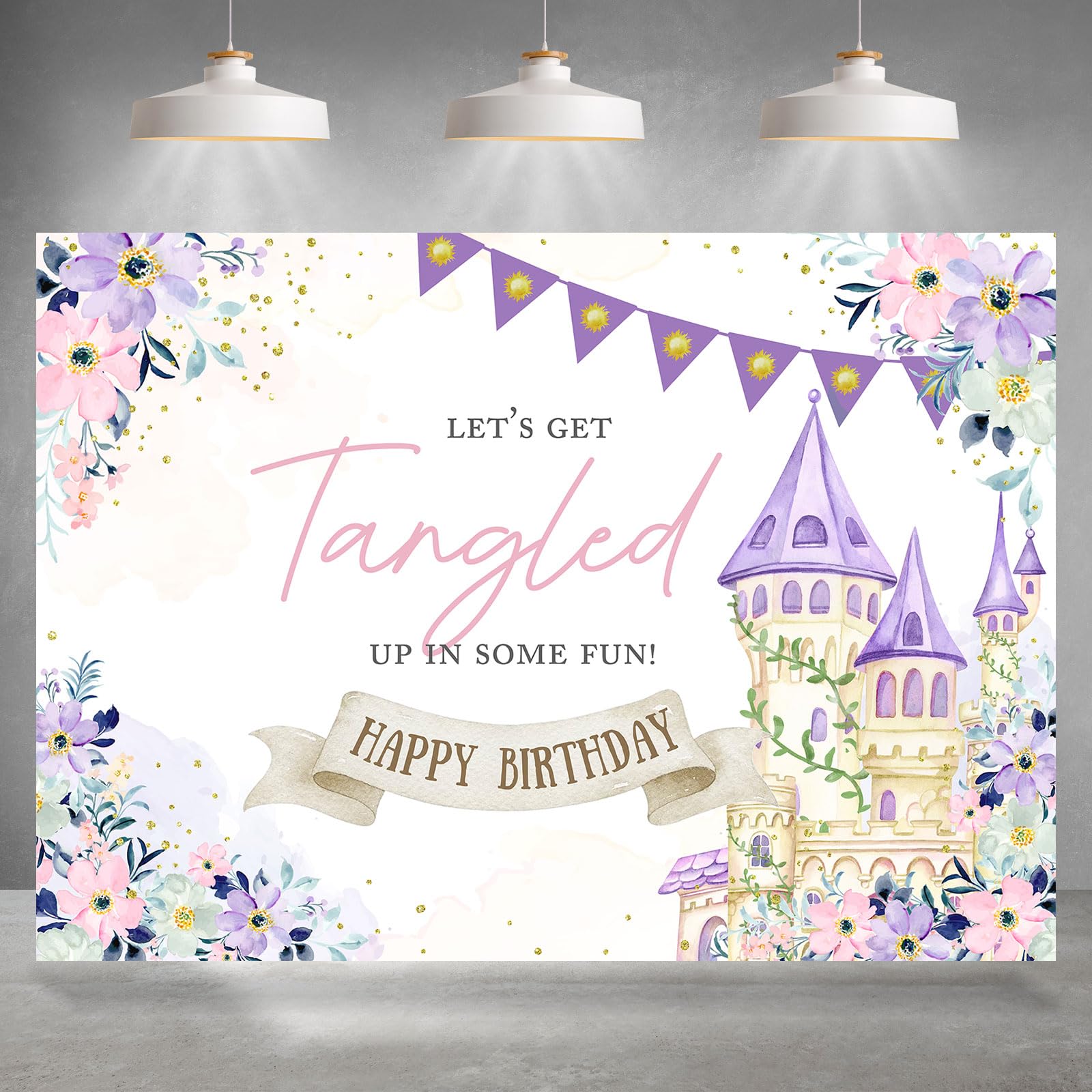 Rsuuinu Happy Birthday Backdrop for Girls Princess Castle Floral Let's Get Tangled Up in Some Fun Photography Background Happy Birthday Party