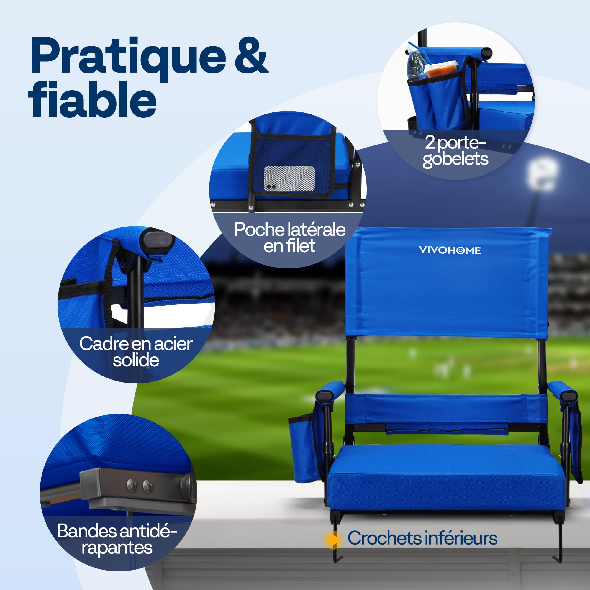 VIVOHOME Sièges de Stade à Dossier Haut réglable en Hauteur avec Dossier et Coussin Lot de 2 Chaises de Gradins Portables avec Porte-gobelet et Bandoulière
