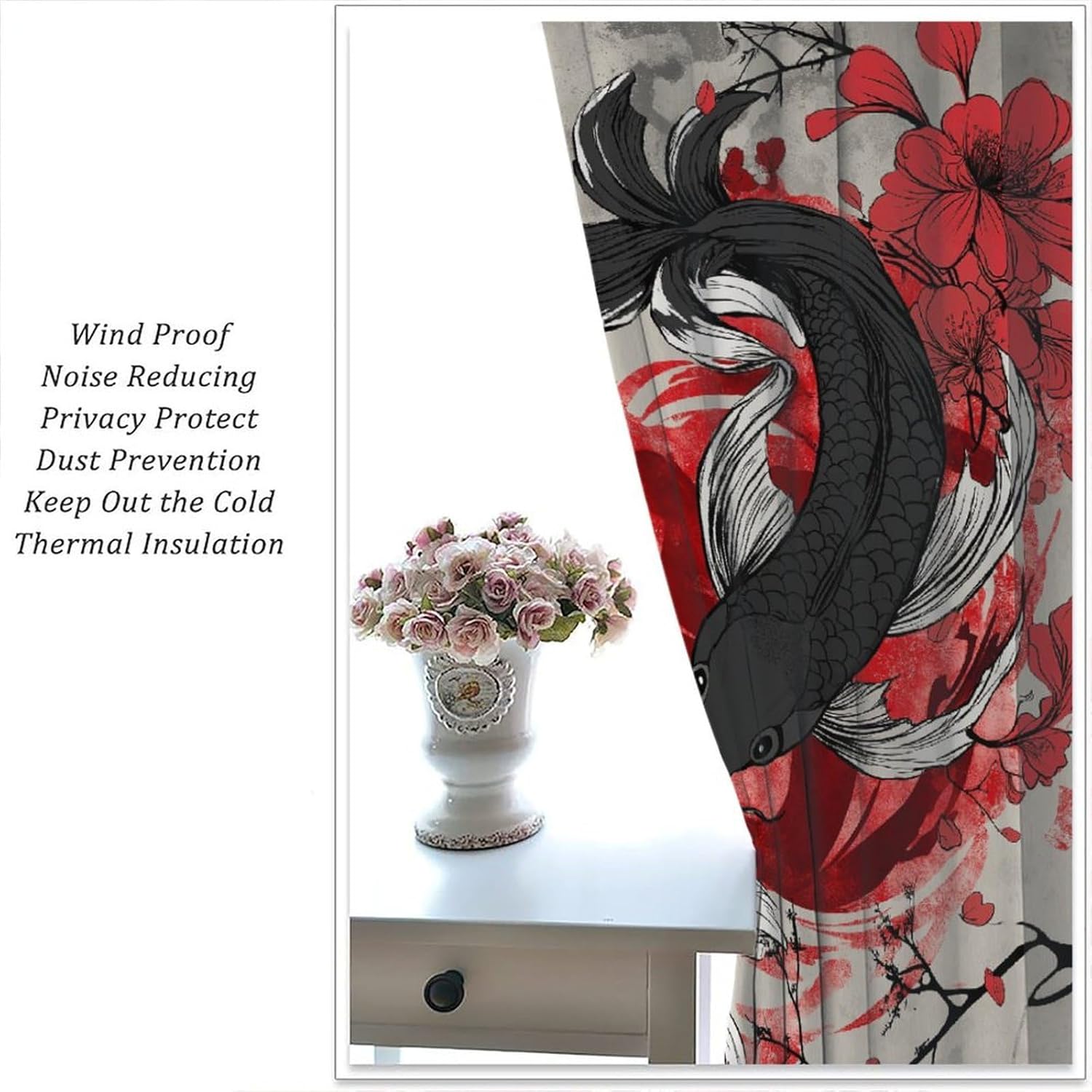 Japanese Koi Fish Blackout Curtains, Asian Ink Black and White Yin and Yang Vintage Plum Blossom Chinese Koi Fish Windows Treatments Rod Pocket Drapes For Boys Girls Living Room Bedroom 52x84in