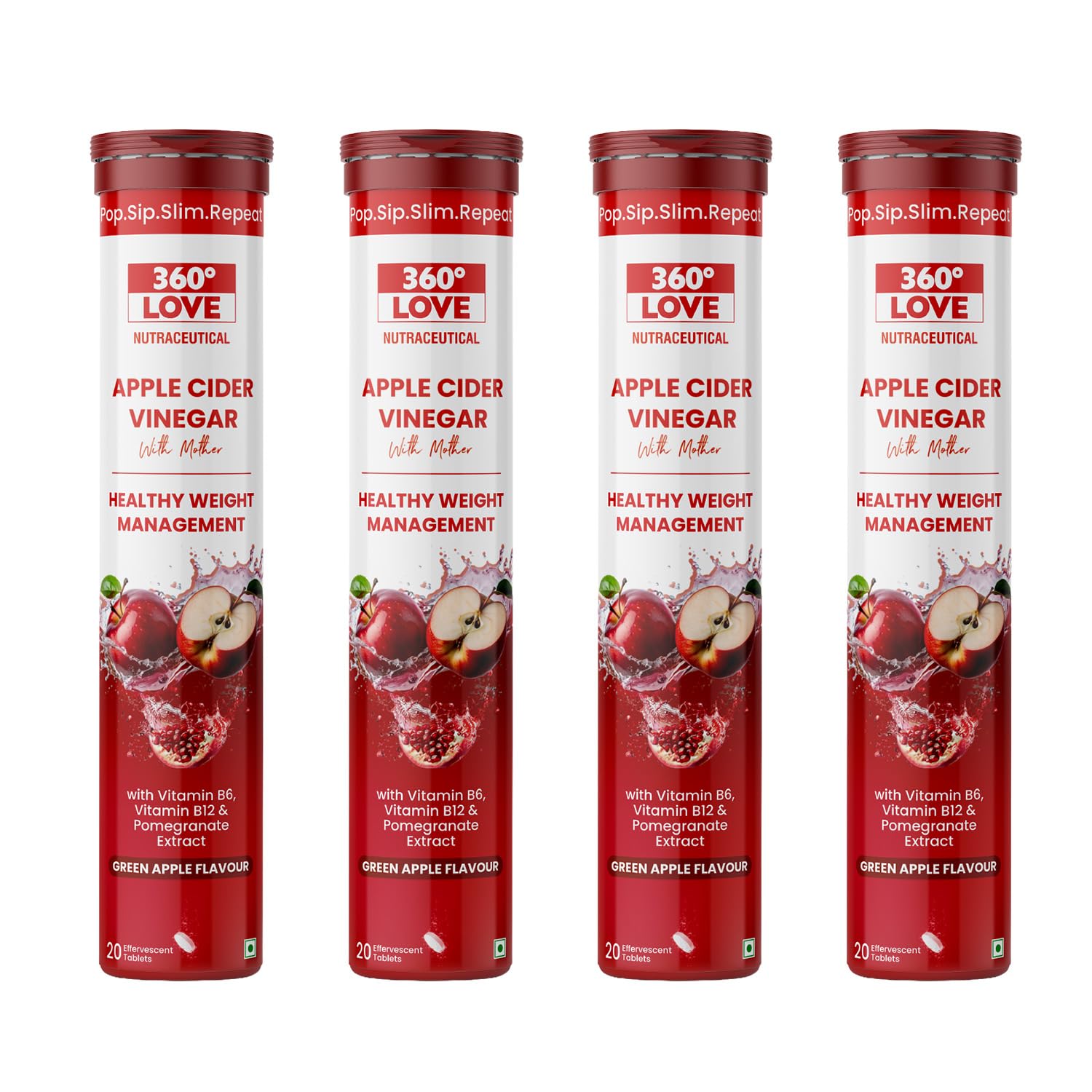 Apple Cider Vinegar Tablets with Mother | Improves Metabolism Promotes Glowing Skin Supports Detoxification Vitamin B6, B12 & Pomegranate Extract 20 Effervescent Tablets (Pack of 4, Green Apple)-image-4