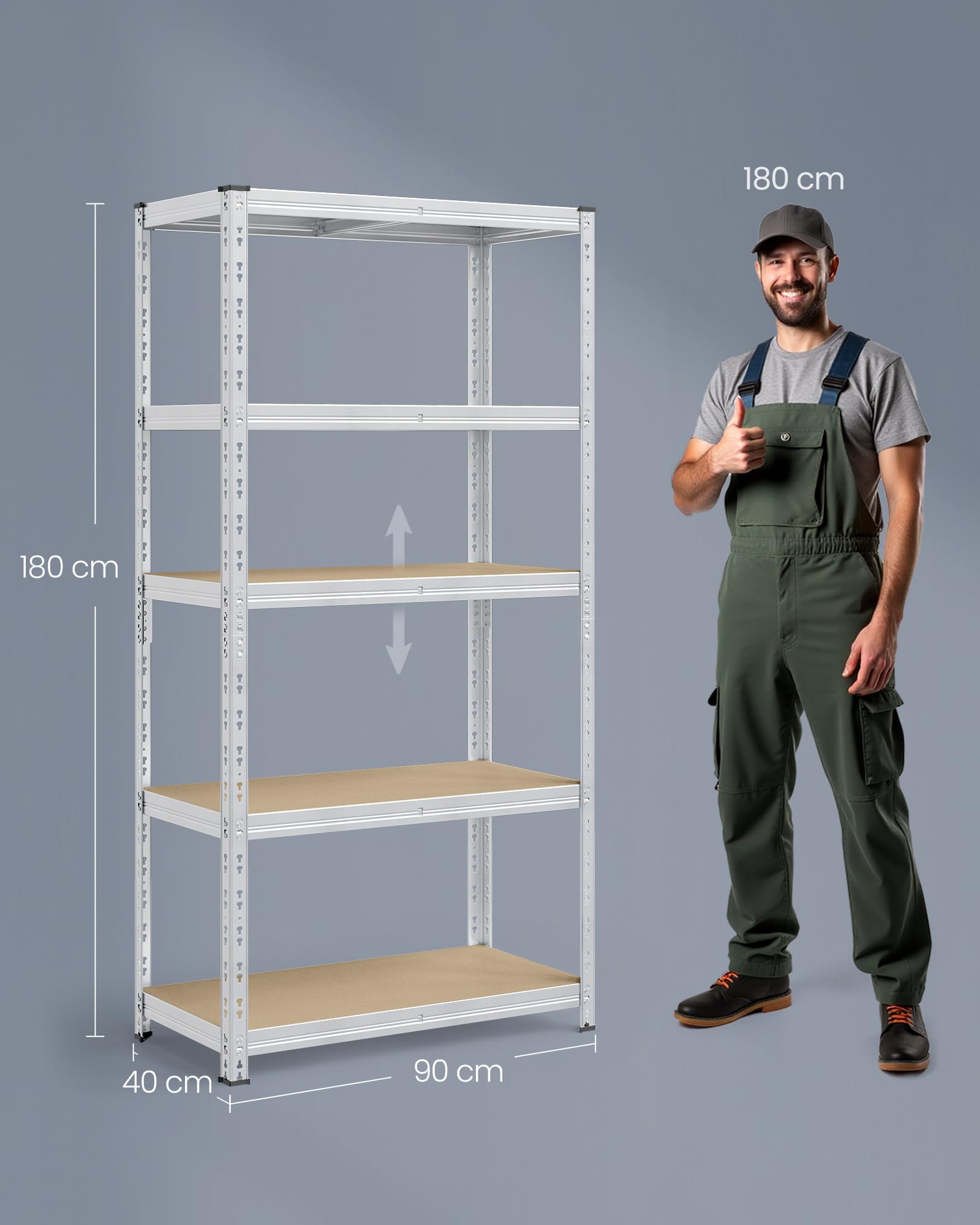 SONGMICS Étagère de Rangement Charge Lourde, Lot de 2, Étagère de Garage 40 x 90 x 180 cm, Capacité de Charge Jusqu’à 875 kg, Montage Facile, Tablettes Réglables, Argent GLR455E01