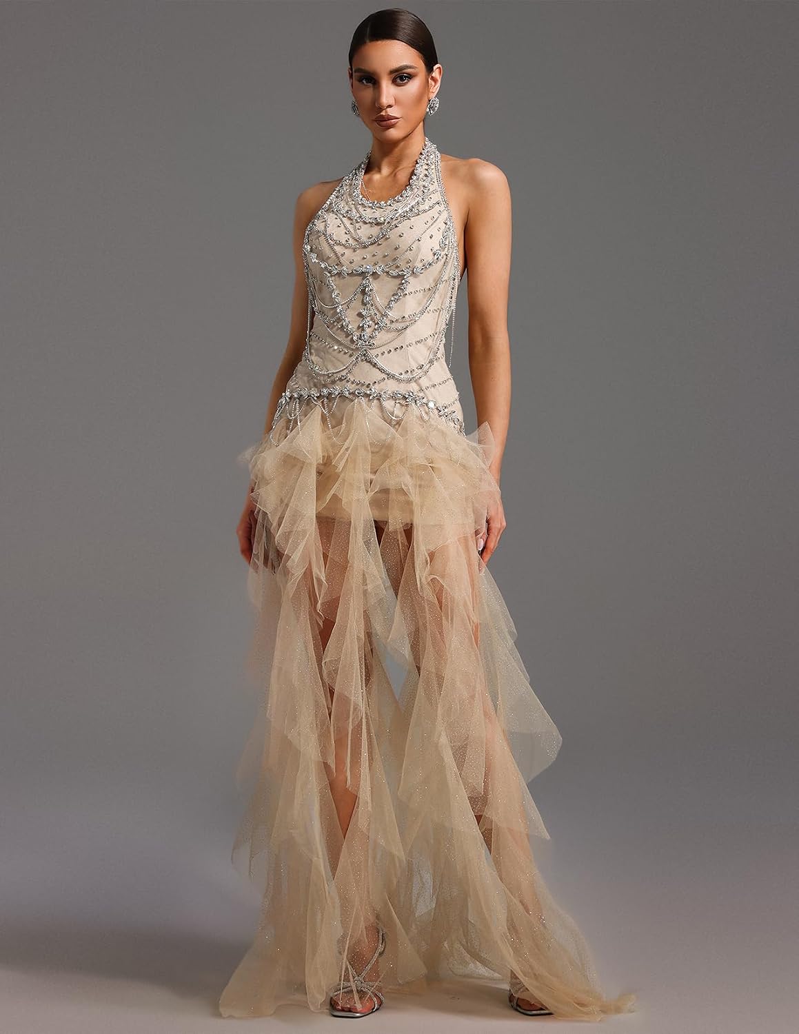 BELLA BARNETT Beige V Neck Sequin Tassel Halter Mesh Dress Rhinestone Maxi Backless Sparkle Prom Dress
