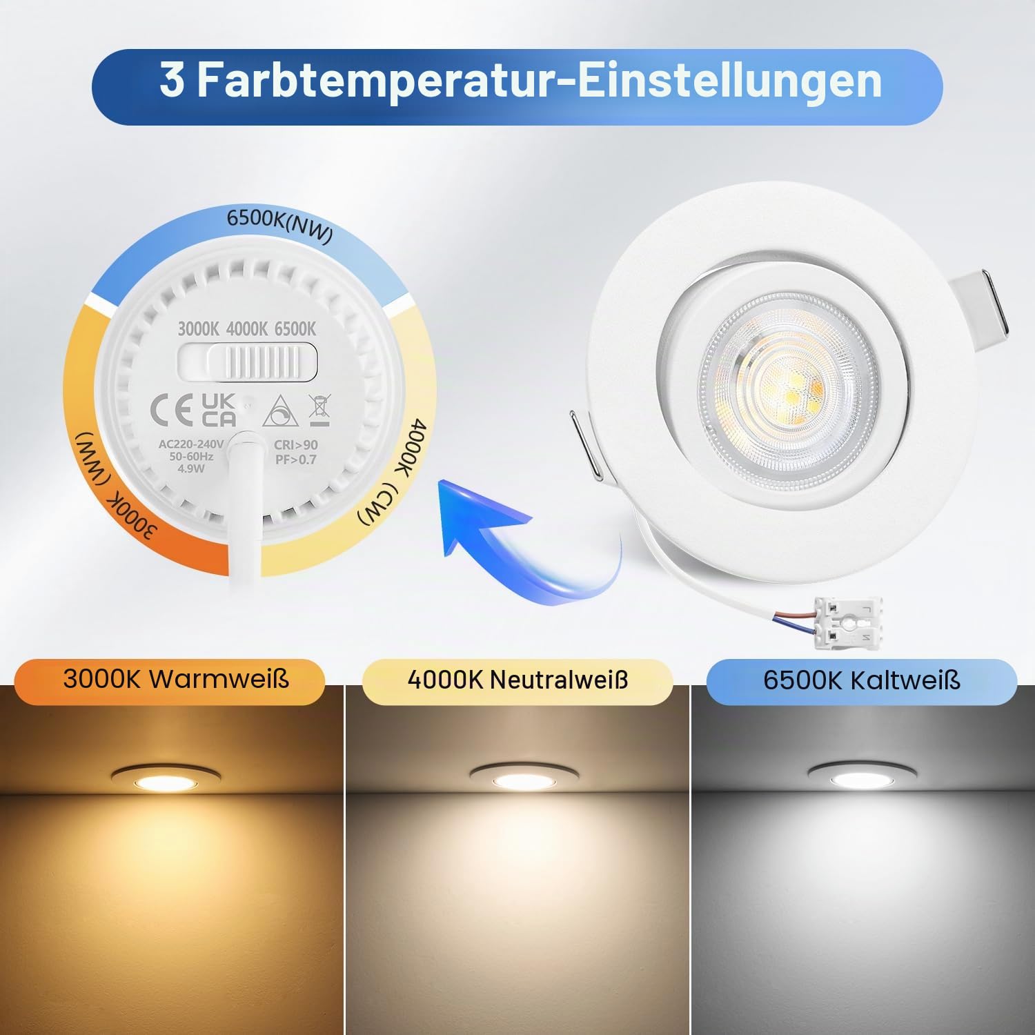 YindaLux LED Einbaustrahler 230V LED Spots 5W Dimmbar 68mm, IP44 Deckenspots 45° Schwenkbar, Warmweiß Neutralweiß Kaltweiß, Spots Deckenleuchte für Badezimmer Küche Wohnzimmer, Weiß 6er Set