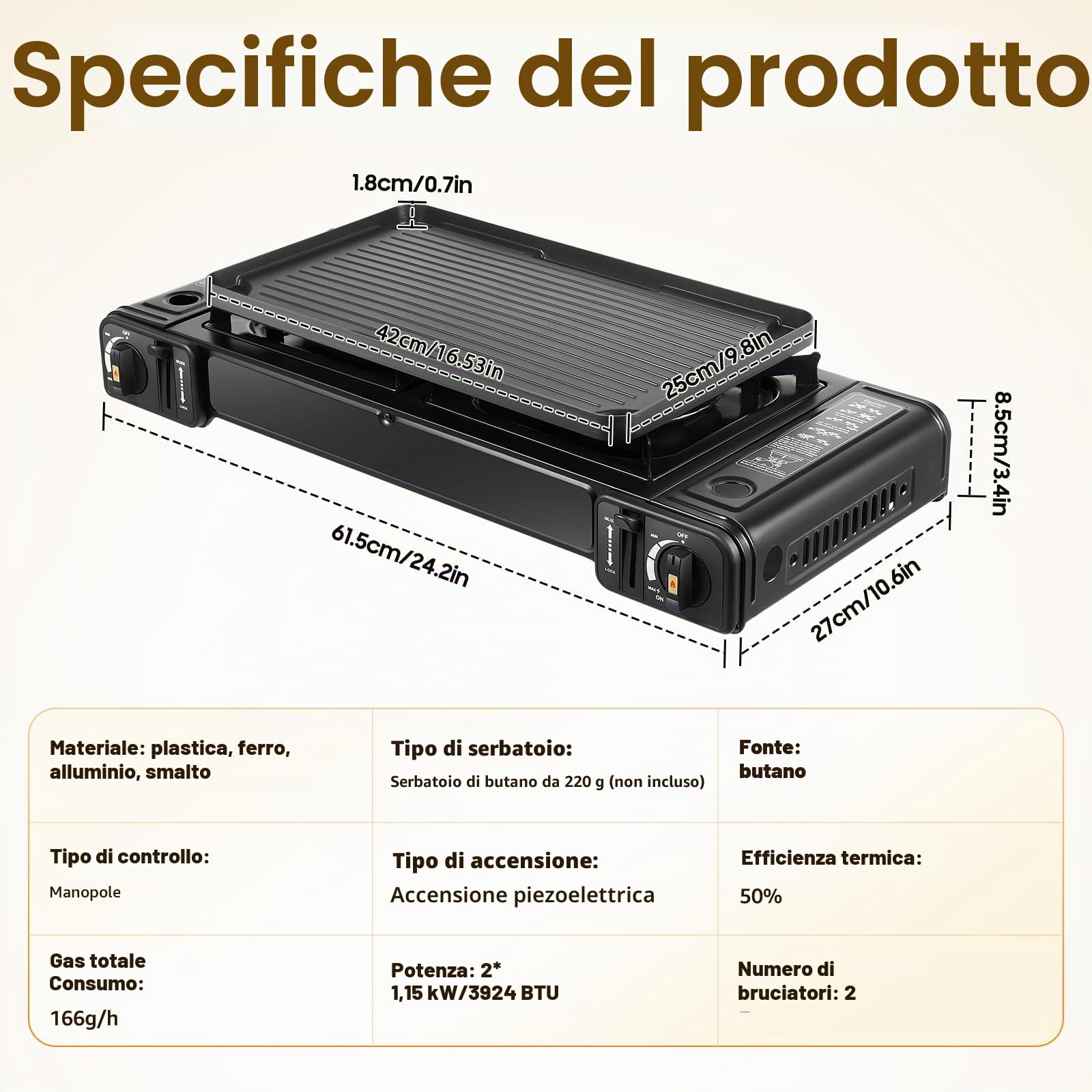 Fornello a gas da campeggio a 2 fuochi, fornello da campeggio con accensione piezoelettrica e serratura di sicurezza, fornello a doppio gas con ciotola e valigetta per barbecue all'aperto