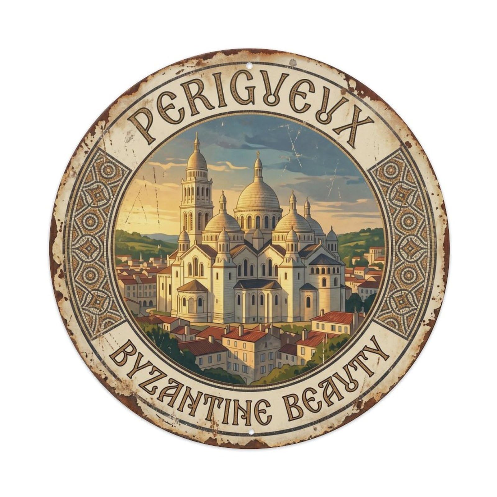 Perigueux France Cathedral Classic Cartography Travel Landmark Metal Tin Sign Plaque Wall Decor for Cafe, Man Cave, Club Bar, Office, Home Garden Round Metal Poster 8x8Inch