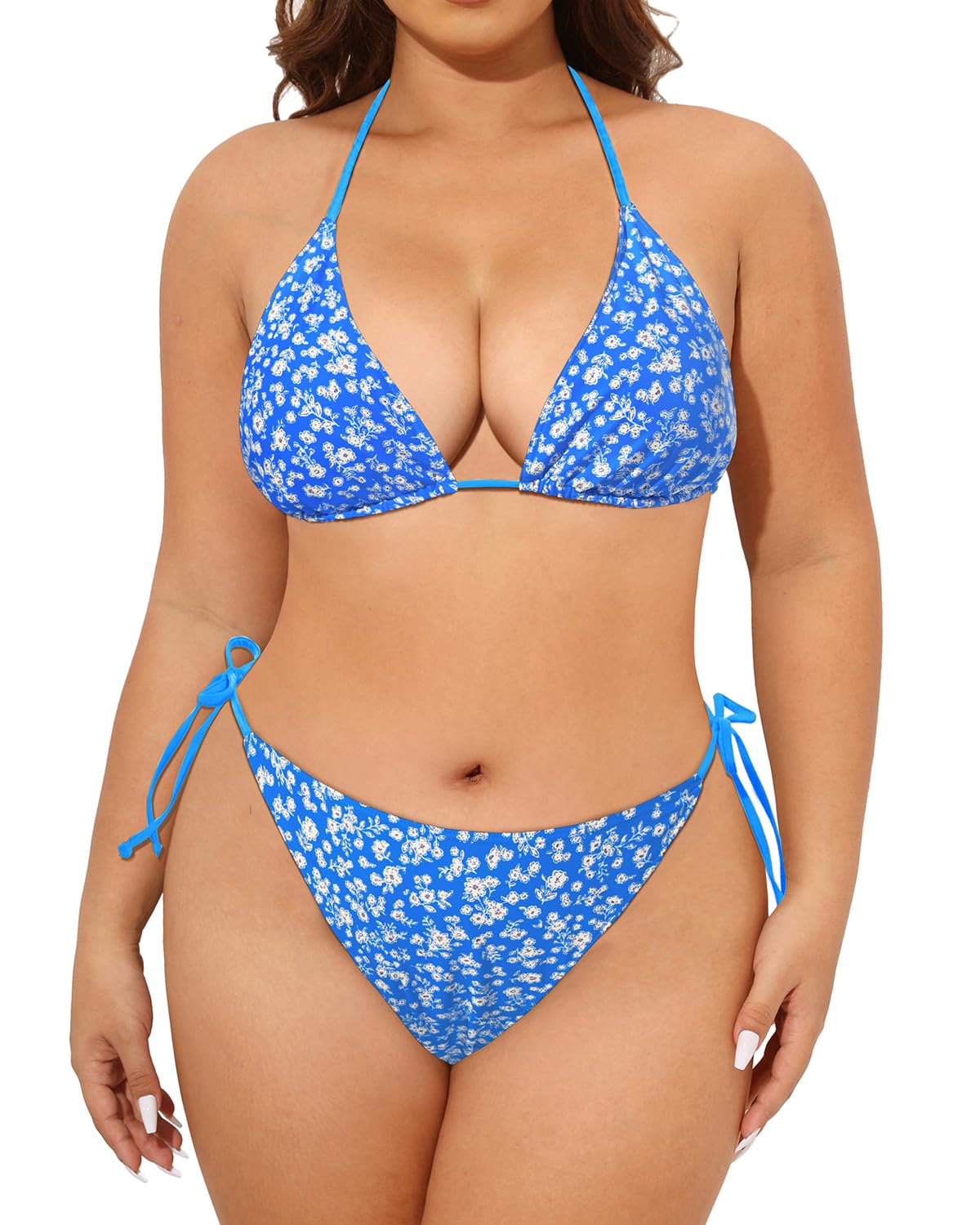 Tempt Me Women Plus Size Triangle Bikini String Two Piece Halter Tie Side Swimsuit