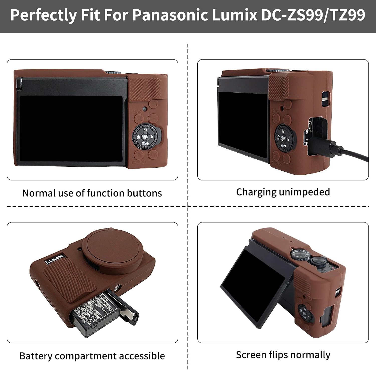 Rieibi Silicone Case for Panasonic Lumix ZS99/TZ99 Camera, Accessories for Panasonic Lumix DC-ZS99/TZ99 Case with 2 Pcs Screen Protectors, Detachable Lens Cover, Coffee image 2