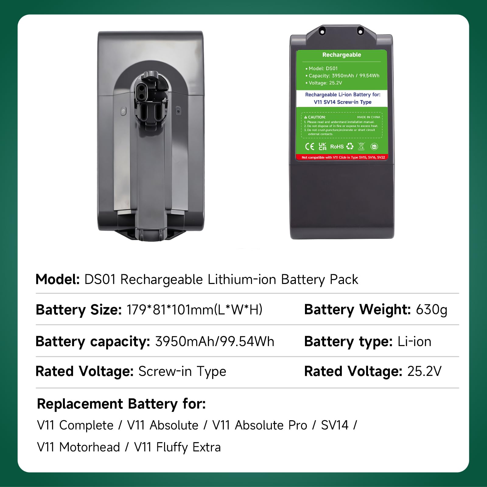 Batería V11 Compatible con Dyson V11 SV14 (Modelo Atornillable) 3950mAh 25.2V Repuesto para Dyson 11 V11 SV14 Complete/Absolute/Fluffy(Screw in)