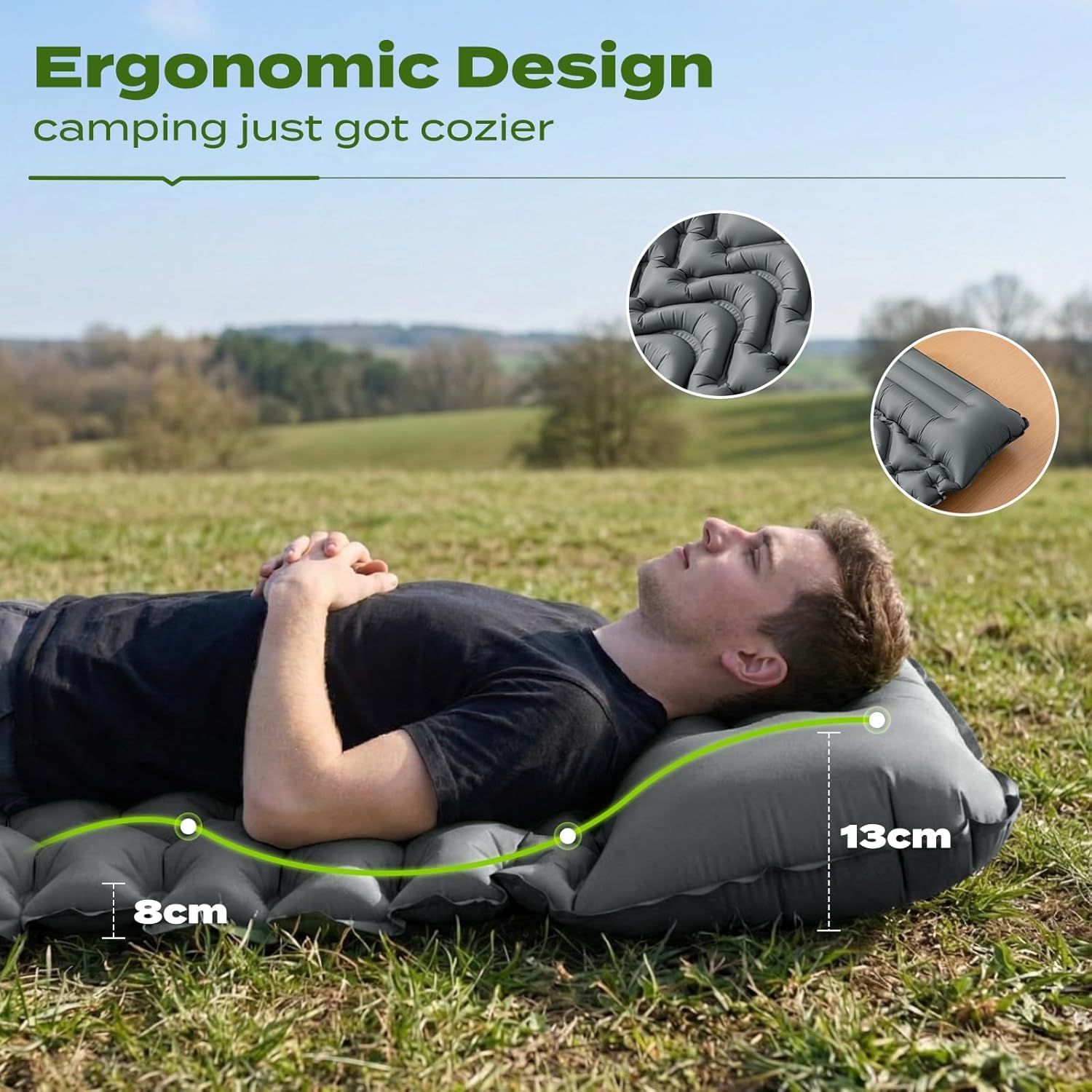 Isomatte Camping mit integrierter Fußpumpe 8cm Dicke Aufblasbare Campingmatte Outdoor, Wasserdicht & Reißfest 50D Nylon Ultraleicht Luftmatratze für Zelt, Wandern, Grau, 193x68x8cm