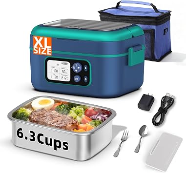 Cordless Electric Heated Lunch Box for Adults, XL 6.3-Cups 24000mAh Rechargeable Battery Powered Smart Self Heating Lunchbox for Men Women, 100W Food Warmer for Trucks Driver Travel Office Worker