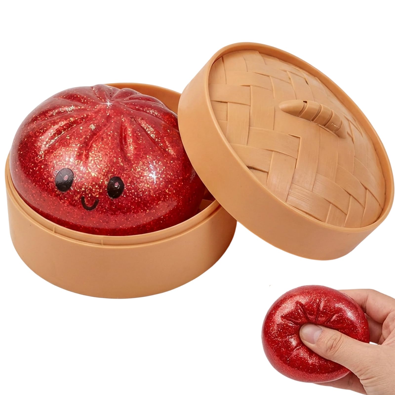suction 1 PCS Dumpling Squishy, Glitter Dumpling Squishys with Steamer, Portable Aid with Glitter Accents, Red Glitters Dumplings Design with Steamer Container