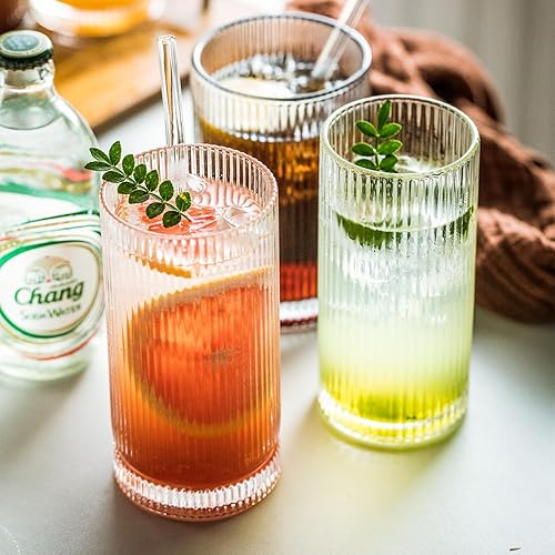 Miniatura 7 de Vasos altos de estilo vintage de 16 onzas juego de 6 cristalería acanalada con tapas y pajitas, perfectos para cócteles, batidos, jugos, cerveza y