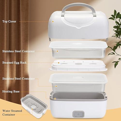 Miniatura 4 de KINBEDY Fiambrera eléctrica, lonchera de 2 capas, calentador de alimentos portátil para el hogar y la oficina, contenedor de alimentos de acero