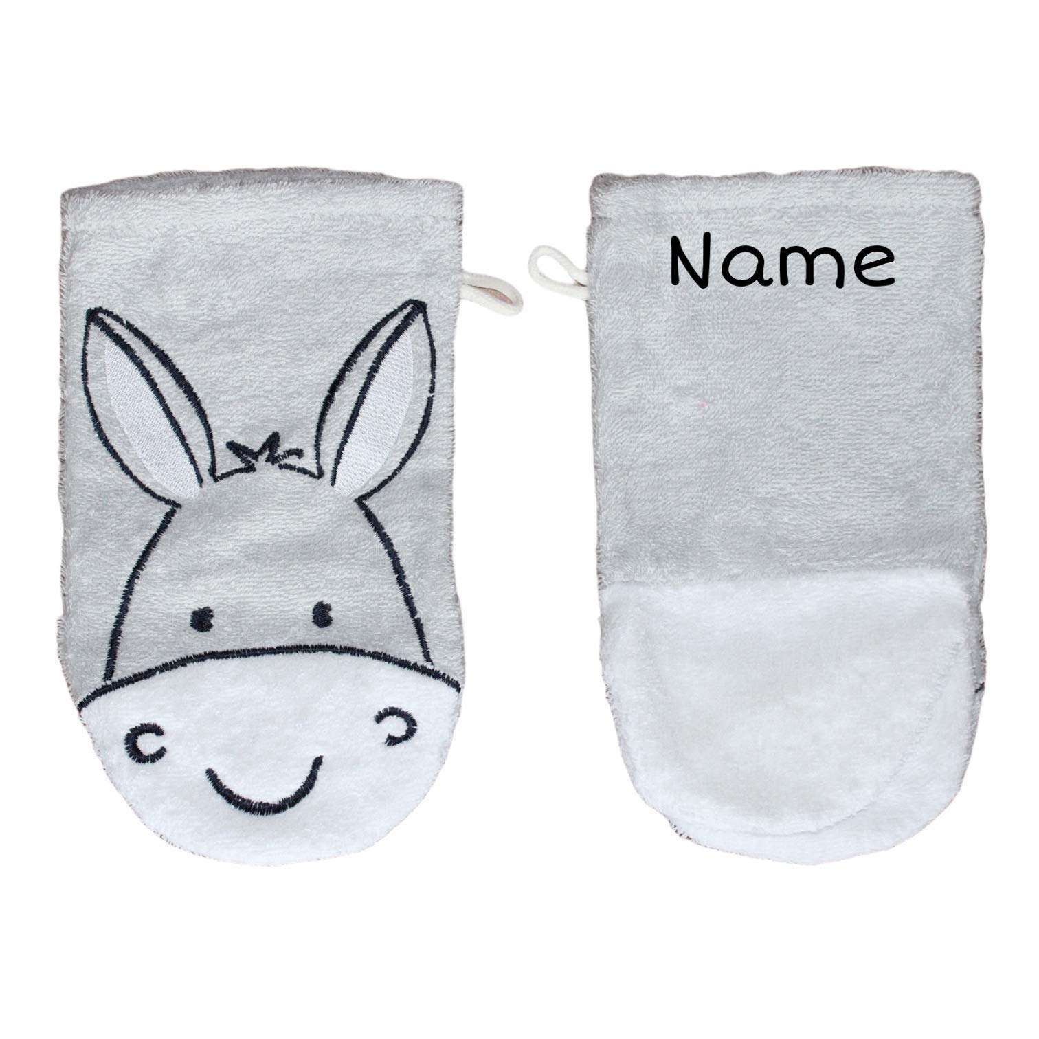 Baby Geschenk Set | personalisiert | Kapuzenhandtuch Baby 80x80 cm + Waschlappen Baby + Baby Lätzchen | Baby Erstausstattung | Pflegeset | personalisierte Geschenke Baby (Esel Grau)