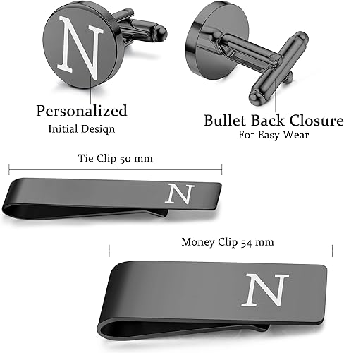 Miniatura 6 de LOYALLOOK 4Pcs Stainless Steel Engraved Initial Cufflinks and Tie Bar Money Clip Set Personalized Button Shirt Initials Tie Clip Alphabet Letter A-Z