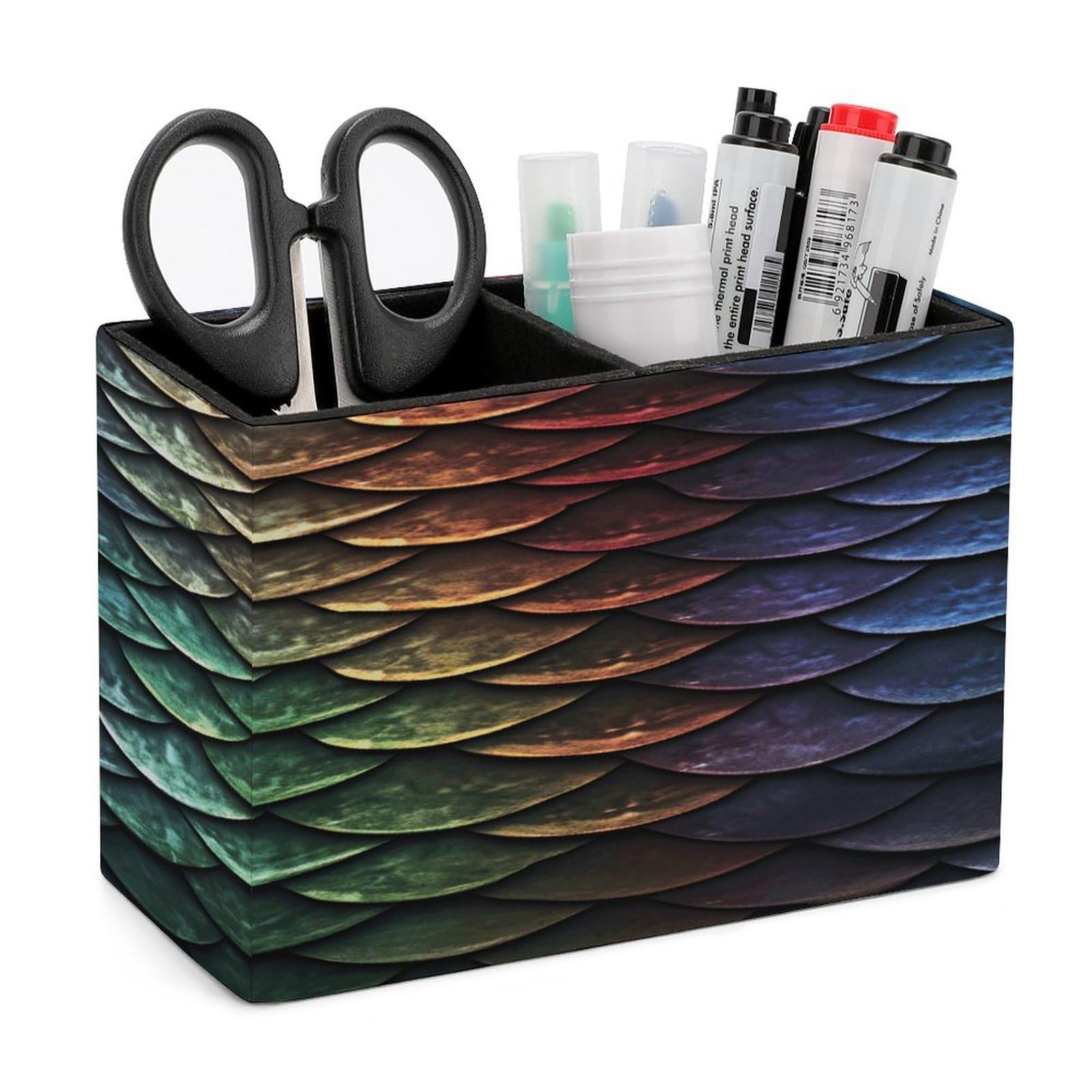 VstaDank Dragon Scale Pen Holder Double Compartments Pen Cup Fashion Makeup Brush Holders Leather Pencil Holder for Work Locker Accessories Modern Pencil Cup for Desk Organizer
