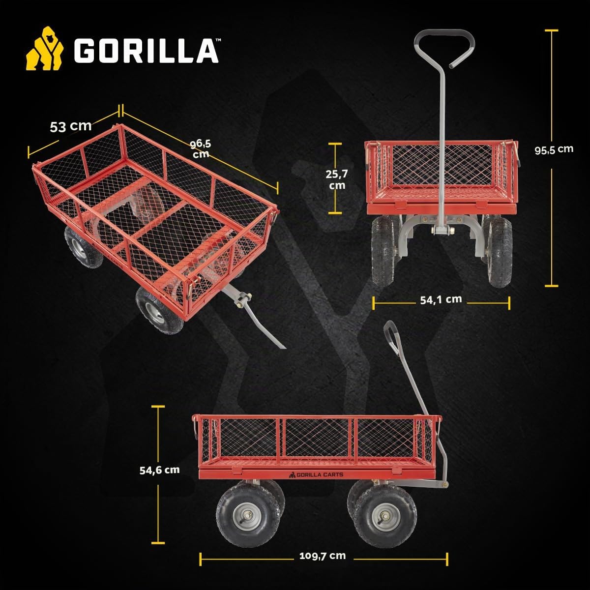 Gorilla Cart Capacité de 362.9 kg Robuste en Maille d'acier Convertible à Plat pour Jardin Extérieur Transport Véhicule Utilitaire - Noir