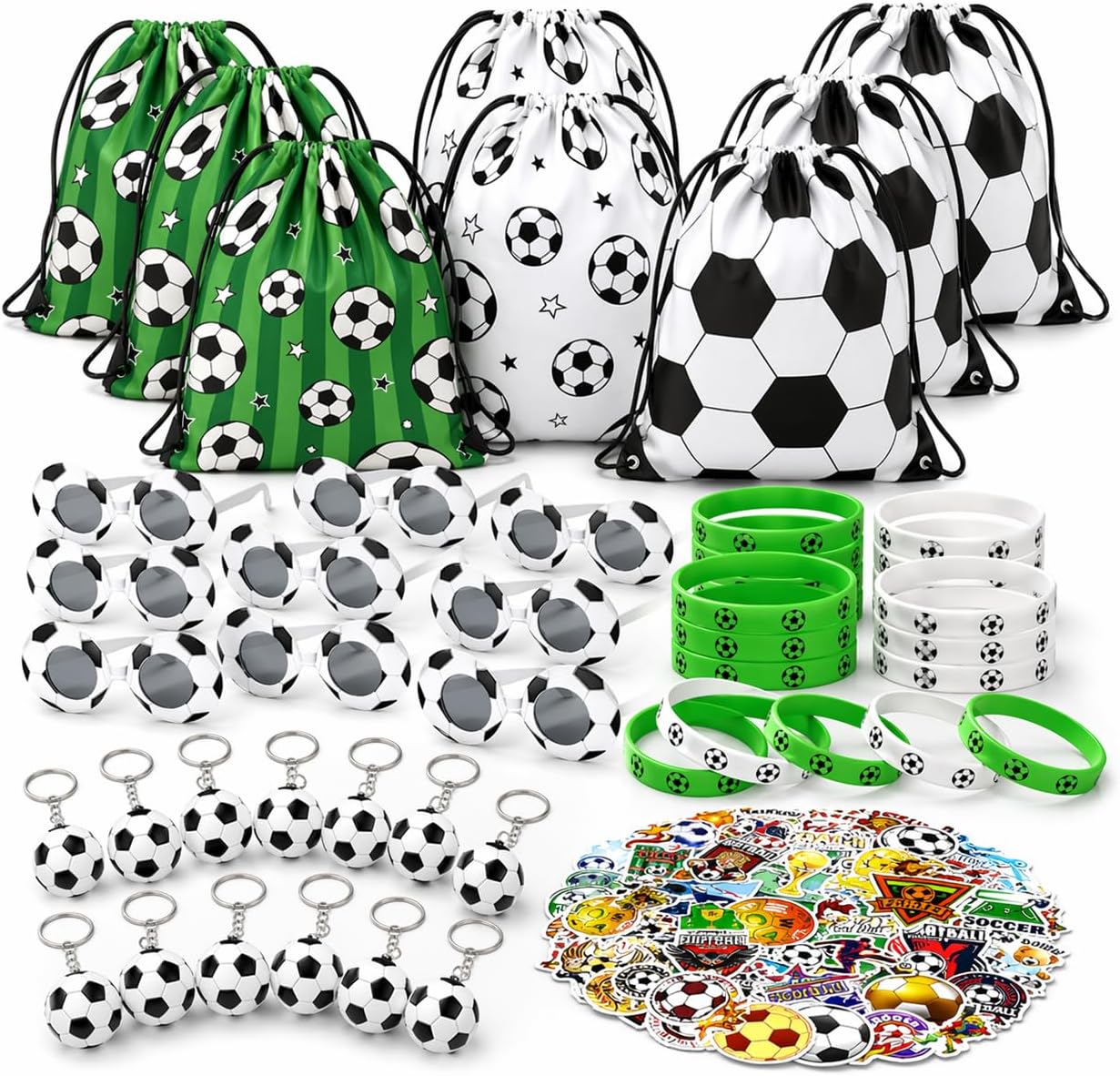 98 Pcs Soccer Party Favors Drawstring Bags ,Wristband, Keychains, Stickers, Sunglasses White Black Framefor Soccer Birthday Party Supplies (Soccer Drawstring)