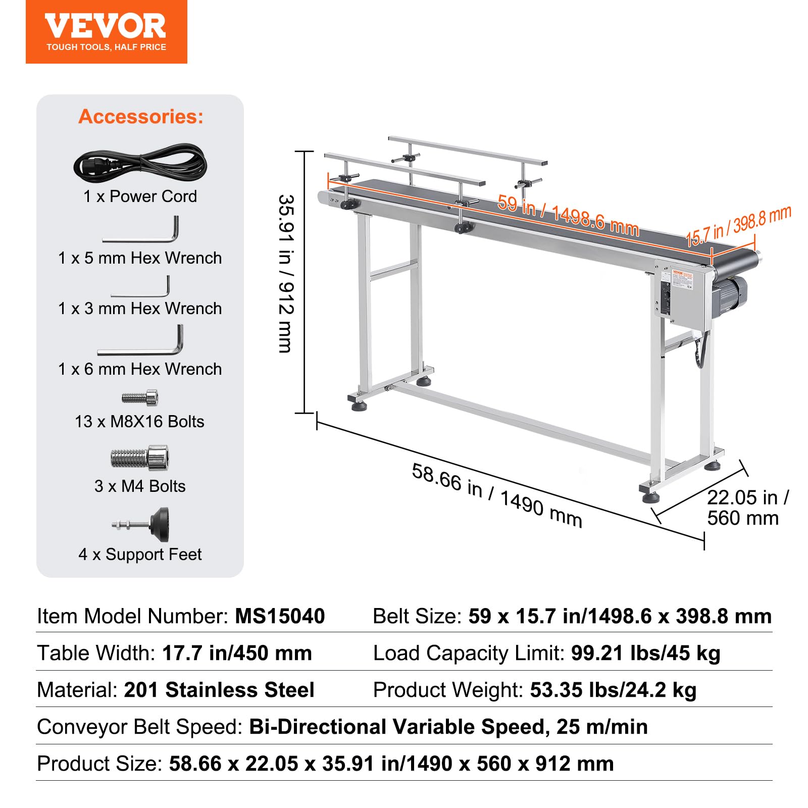 VEVOR Bandförderer, 150x 40cm Fördertisch, Motorbandförderer für Tintenstrahl-Codierungsanwendungen, angetriebenes PVC-Band, antistatisch, einstellbare Geschwindigkeit (doppelte Leitplanke)