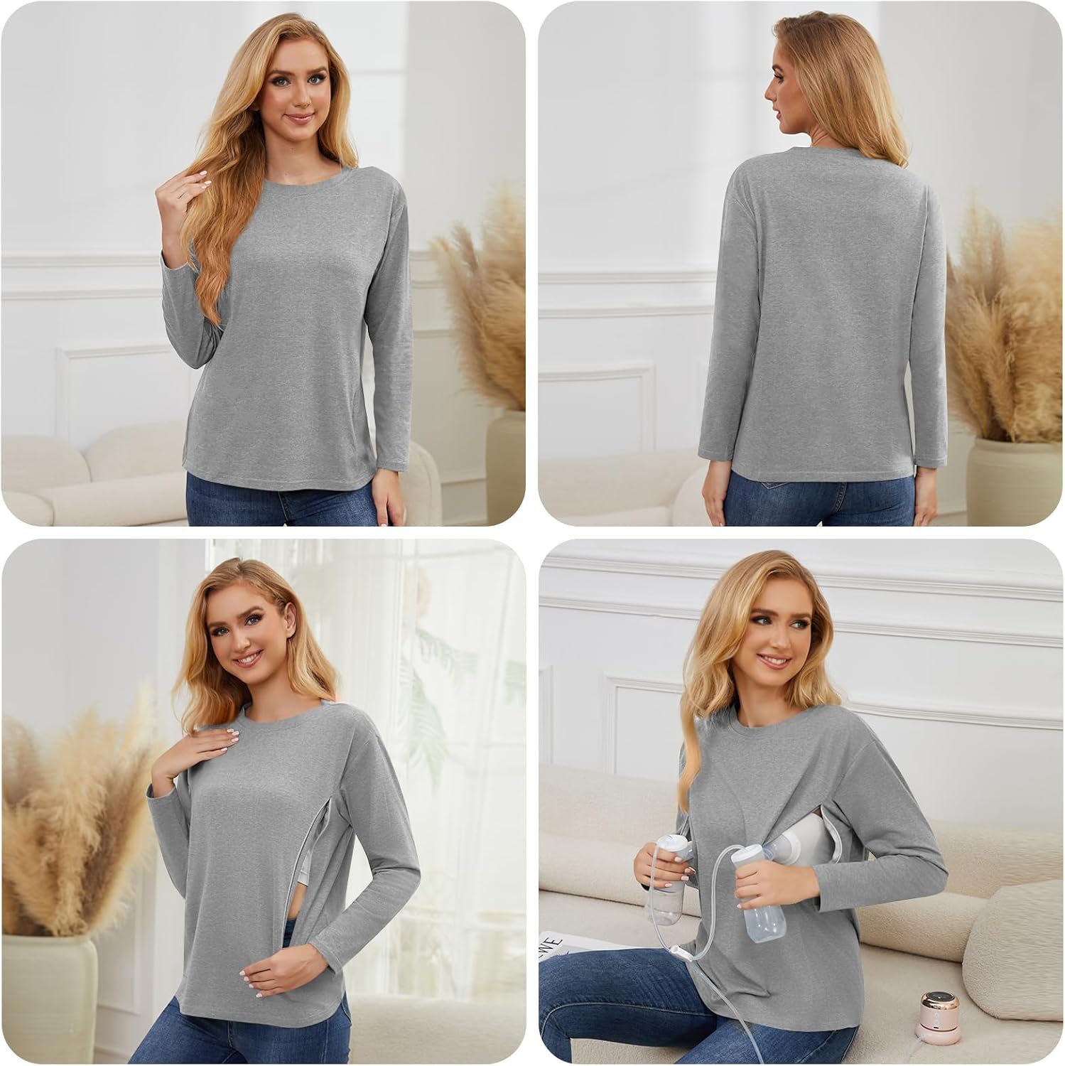 Women's 3 Pack Long Sleeve Nursing Tops for Breastfeeding with Hidden Zippers Soft Cotton Maternity Shirts - Image 4