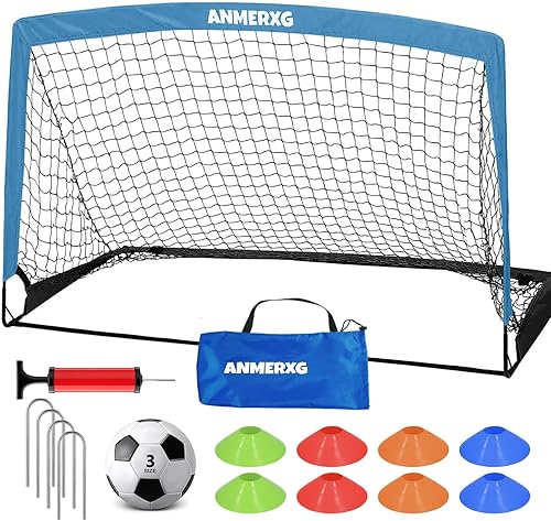 Juego de portería de fútbol para niños de 6 x 4 pies para patio trasero, portería de fútbol portátil con bomba de pelota y conos, juego de 2 equipos