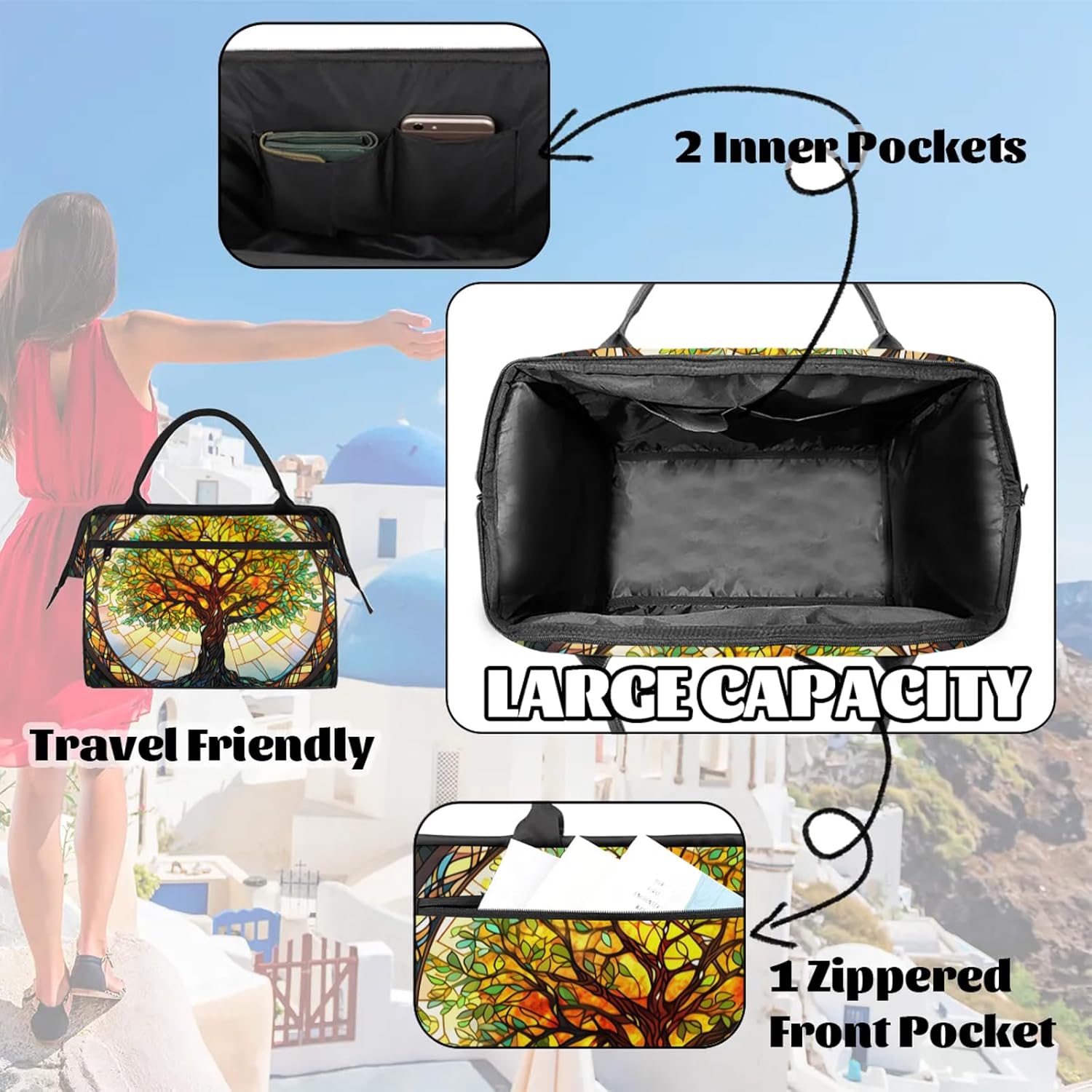 Overnight Weekender Bag for Women Men Window Art Tree Waterproof Carry On Travel Duffel Bags with Zipper Lightweight Sports Gym Bag Luggage Workout Handle Bags for Traveling Yoga Camping
