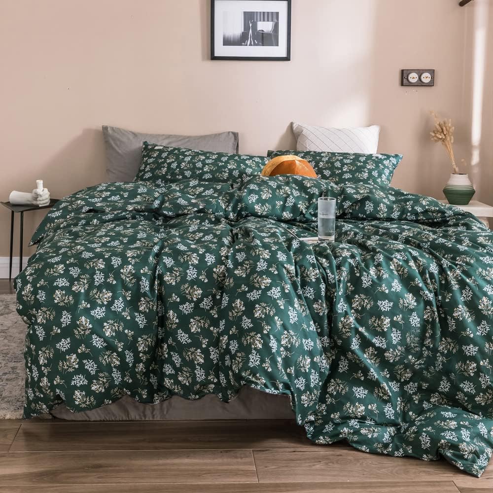 mixinni Garden Style Duvet Cover Set Floral Print King Size Soft Cotton Green Duvet Cover Reversible Purple Bedding Set with Zipper Ties for Her and Him-Easy Care, Soft and Durable King Size