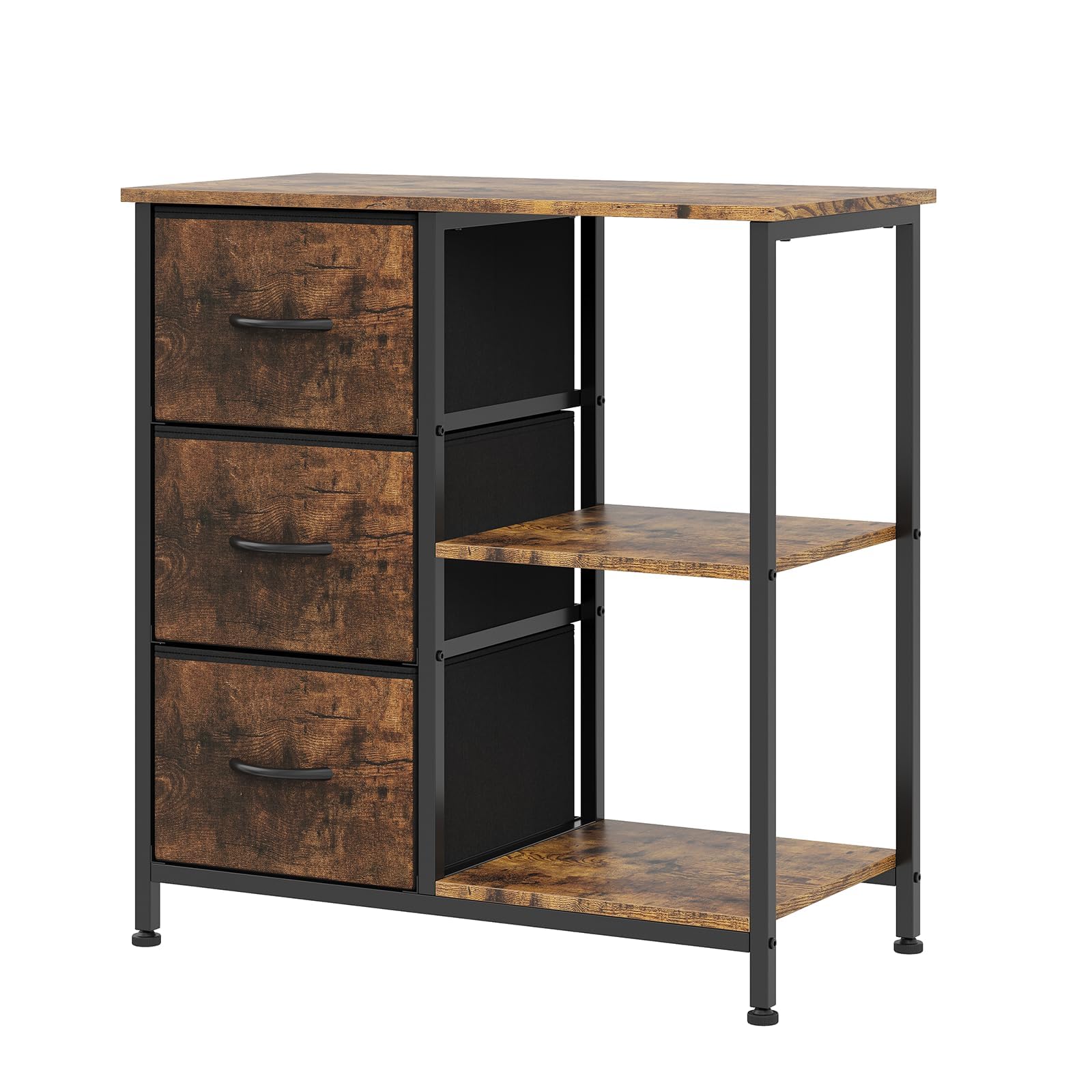 Aktenschrank 70 x 29 x 75 cm, Büroschrank mit 3 Schubladen & 2 Offene Fächer, Schubladenschrank wasserdichte, Druckerständer Stahlkonstruktion, Ordnerschrank mit Verstellbare Füße, Vintagebraun