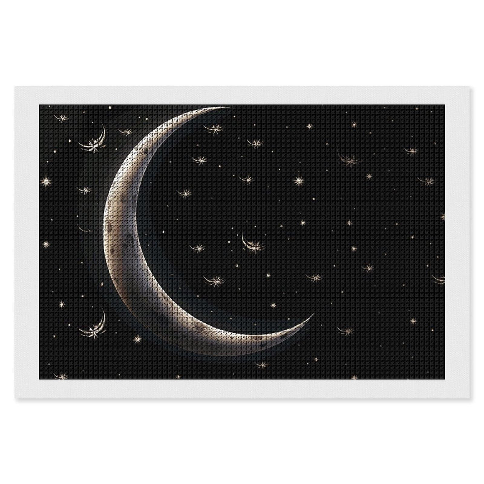Crescent Moon on Black Background Diamond Art Kits for Adults, DIY 5D Diamonds Painting Kits for Beginner, Round Full Drill Diamond Dots Painting, 8"x12" Diamonds Pictures Gem Art And Crafts Wall Deco