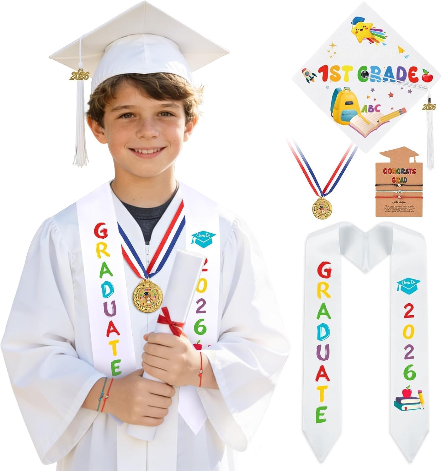 YLOLUL 2026 Kindergarten Preschool Graduation Gown Cap Set Graduation Stole Bracelet Medal Certificate Package Grad Gifts