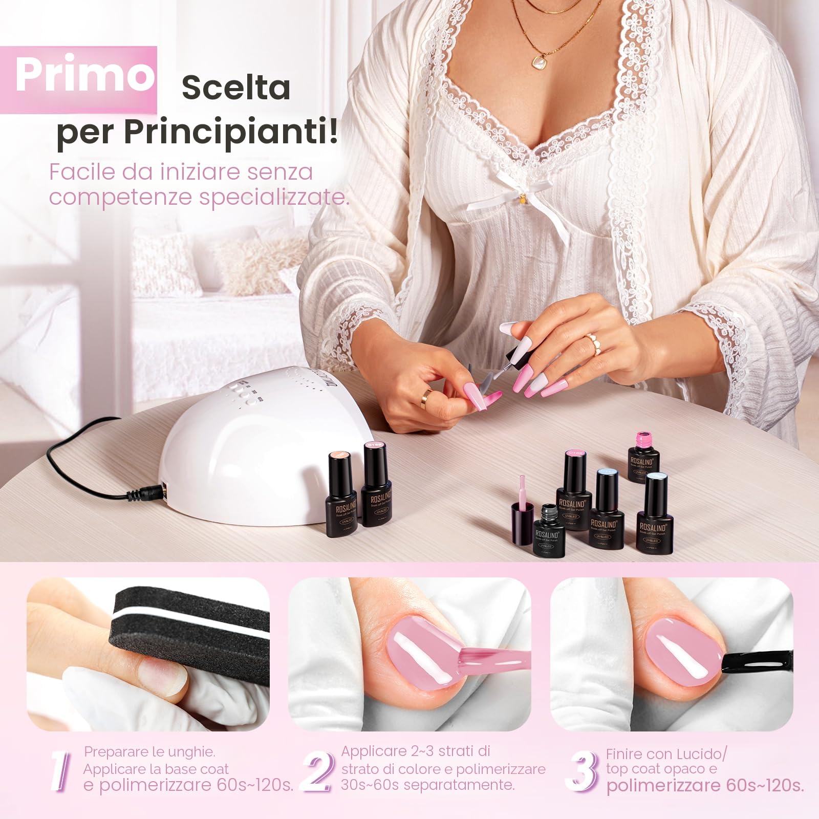 ROSALIND Kit Semipermanente Unghie con 48W UV LED Lampada, 12+4 Pezzi Smalto Semipermanente Unghie Bianco Rosa Viola Avena Colori, Kit Per Unghie Soak Off Manicure Regalo per Principianti