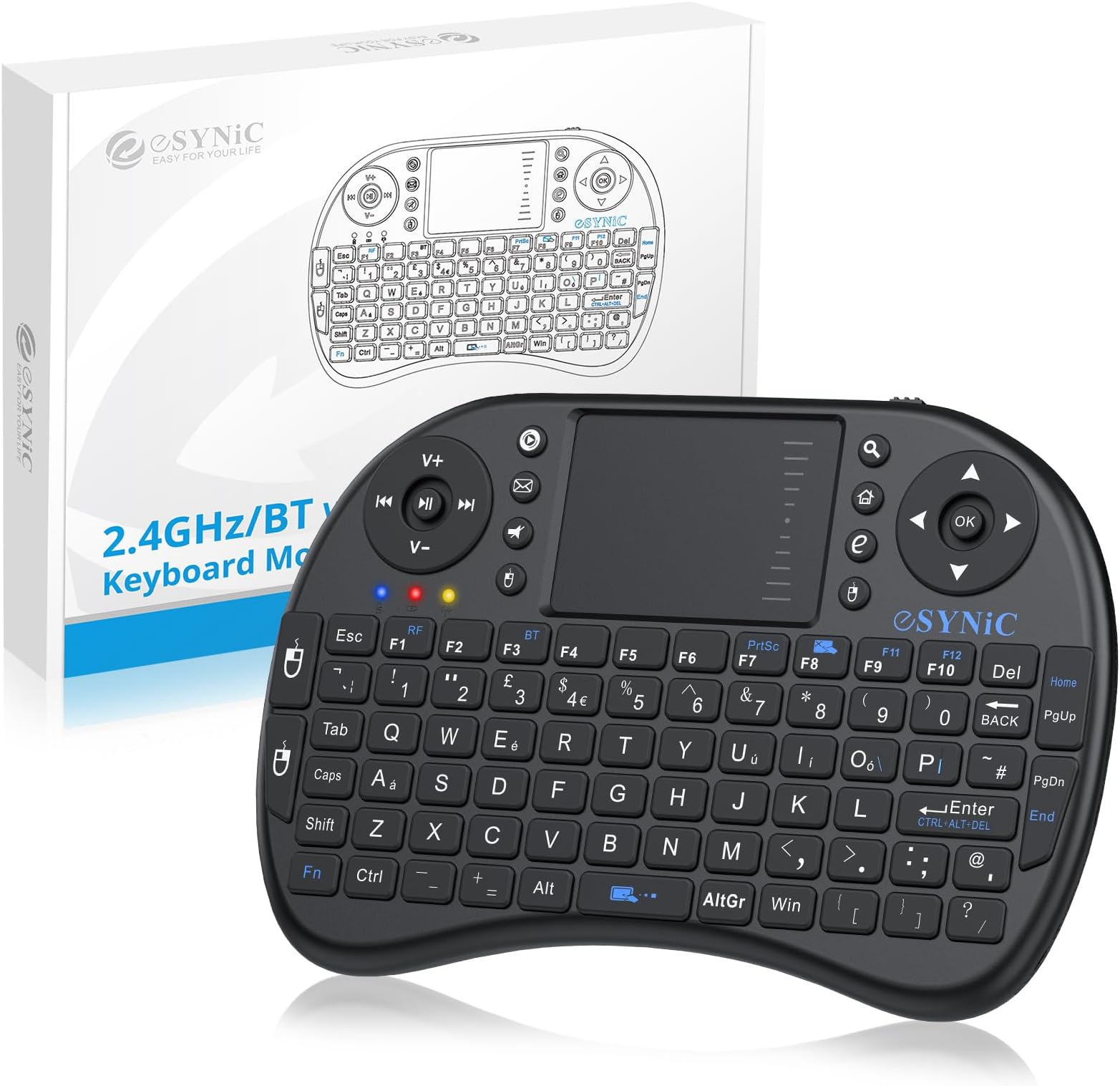 eSynic Upgraded Bluetooth Mini Wireless Keyboard 2.4G XBMC Touchpad Mouse Combo Multi-media Portable Handheld Keyboard for Phone Google XBOX TV HTPC IPTV Raspberry PS5 British Layout-Black
