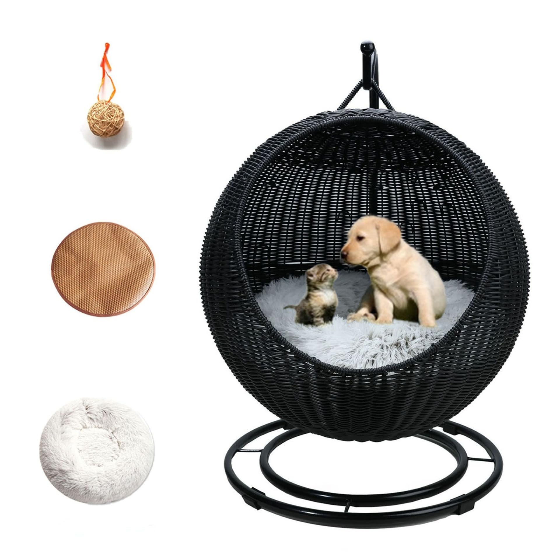 MIAOMI Pet Swing Bed with Stand & Cushion Indoor Outdoor, Egg Chair with Rattan Wicker, Hanging Swinging Hammocks for Cat, Dogs, and Small Animals Bedroom Porch(Black)