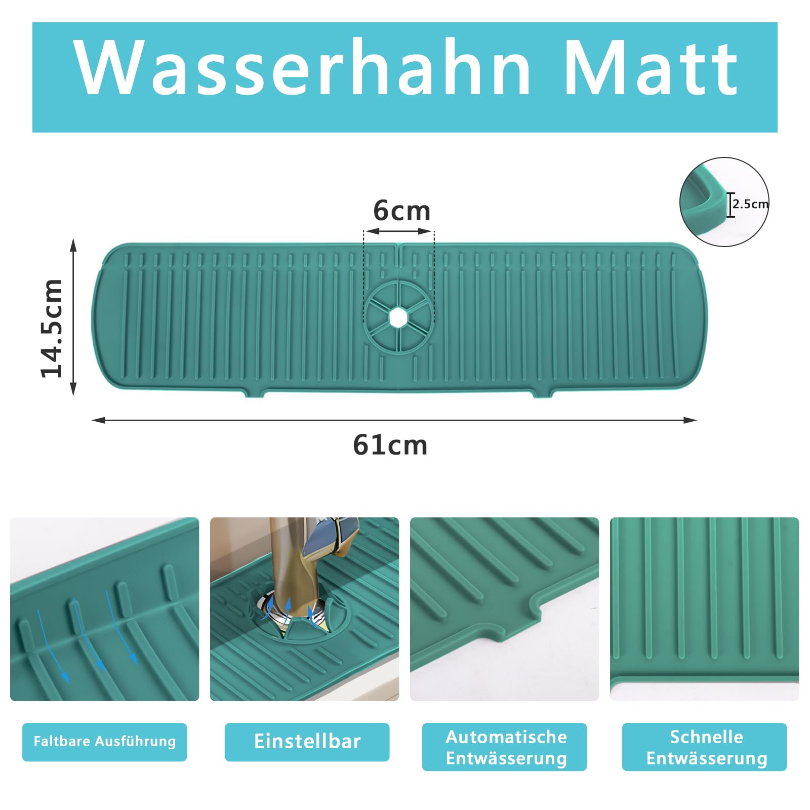 Guittly Tap Sink Splash Guard, Silicone Drip Mat, Sink, Splash Guard for Kitchen Bathroom, Counter Sink, Dry (61 x 14.5 cm, Green) - Image 2