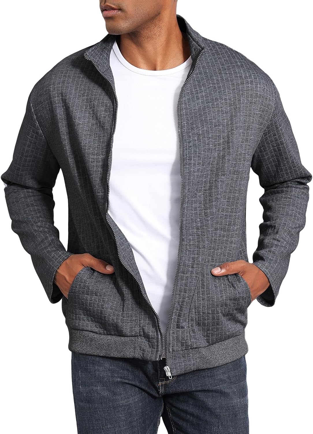 Oymyakon Men's Lightweight Varsity Jacket Spring Casual Stylish Bomber Jacket Waffle Zip Up Coat with Pockets