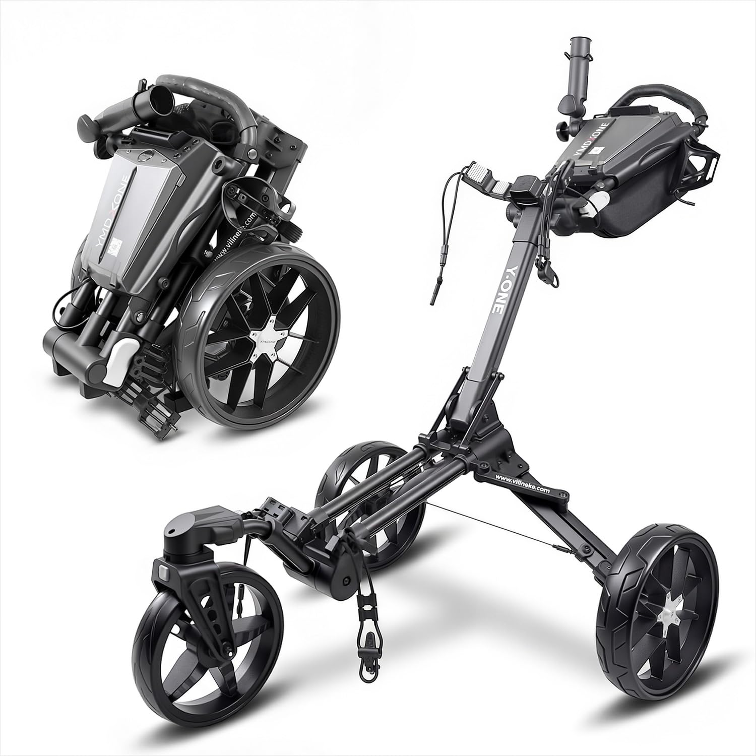 Carro de golf de 3 ruedas con rueda delantera giratoria de 360°: diseño plegable, compartimento de almacenamiento integrado, asa ajustable en altura, soporte para teléfono/GPS/tarjeta de