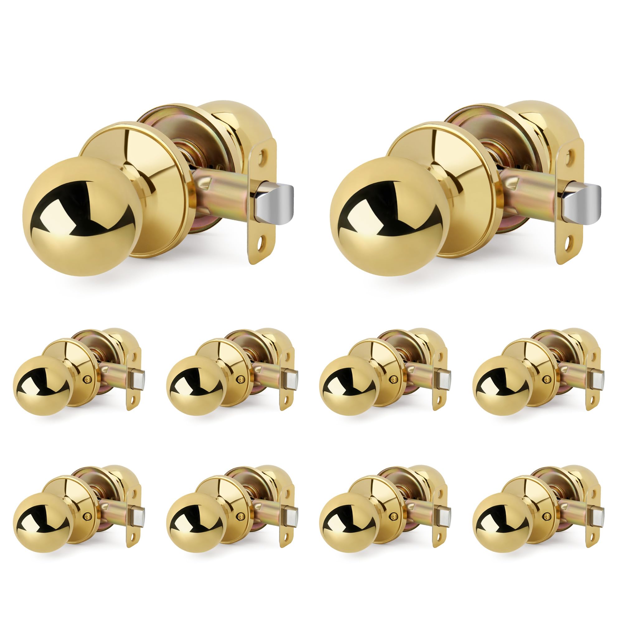 LOQRON 10 Pack Wholesale Ball Design Door Knob No Lock, Passage Round Shaped Non-Locking Doorknob for Hallway/Closet, Polished Brass Finish