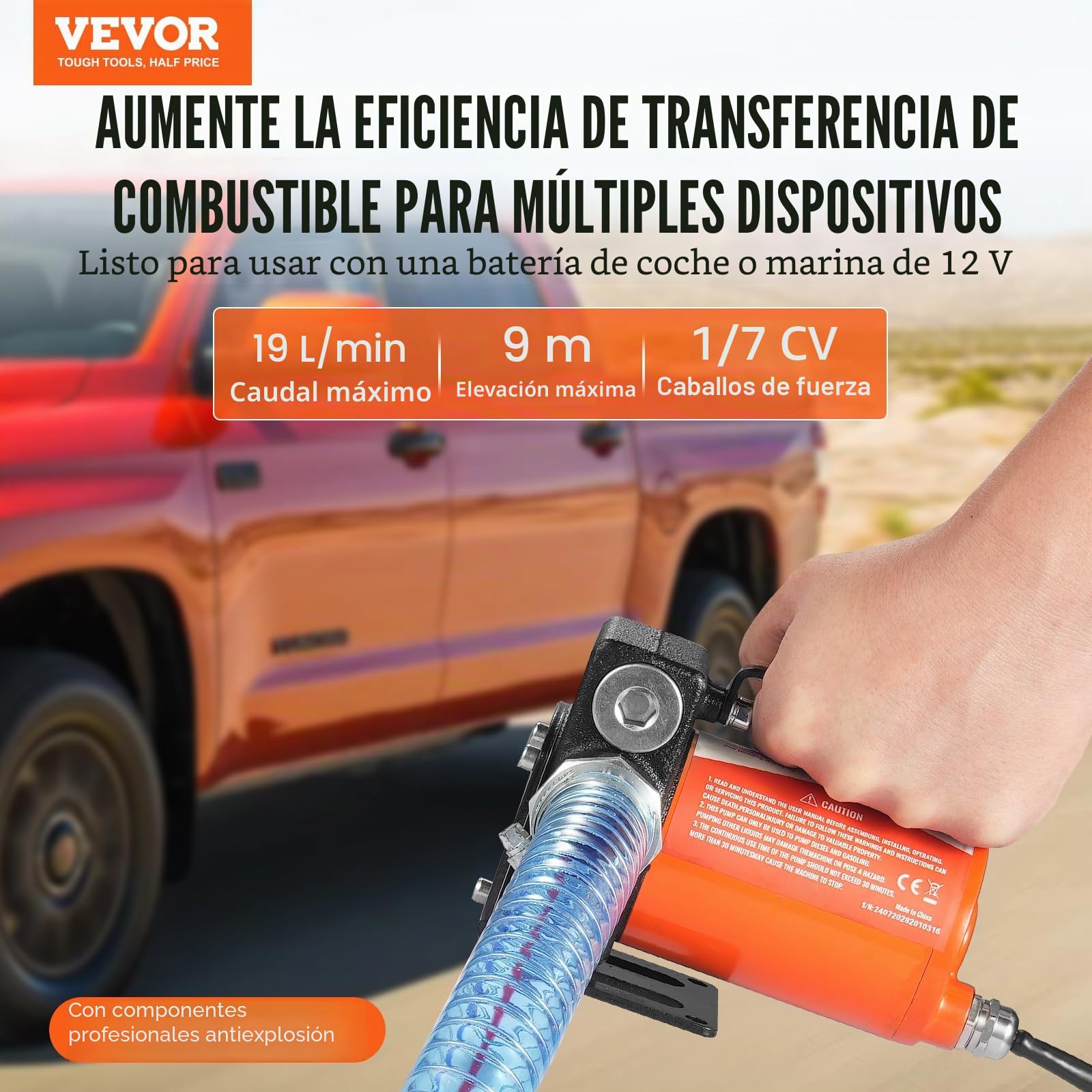 VEVOR Bomba Eléctrica de Transferencia de Combustible Engranajes 12V CC 5 GPM 19L/min 1/7HP Boquilla de Combustible Apagado Automático, Manguera de Salida Larga de 4m, para Mezclar Gasolina, Diesel