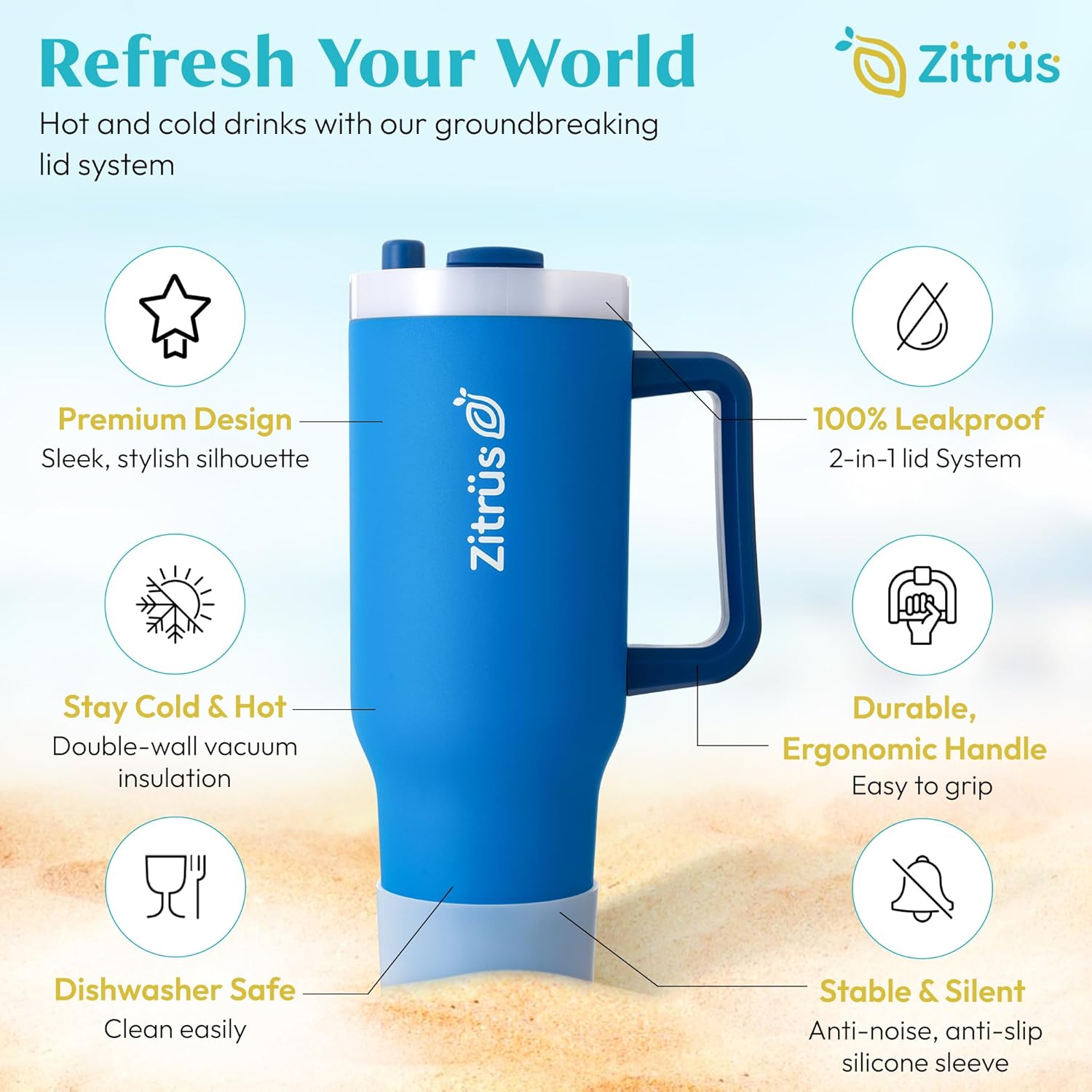 40 oz Tumbler with Handle and Straw | Leak Proof Insulated Stainless Steel Water Bottle Travel Mug Fits in Cup Holder | Keeps Cold Hot | Gifts for Women Men Him Her (Blue, 40 oz) - Image 2