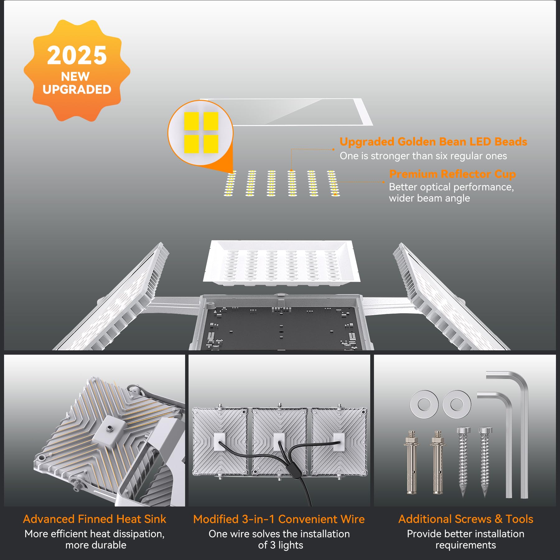 SOLLA Foco LED de 600 W para exteriores, ultrabrillante, 60000 lm, 6000 K, luz blanca IP66, resistente al agua, 3 cabezales, luces de seguridad para exteriores, para patios, color gris calle