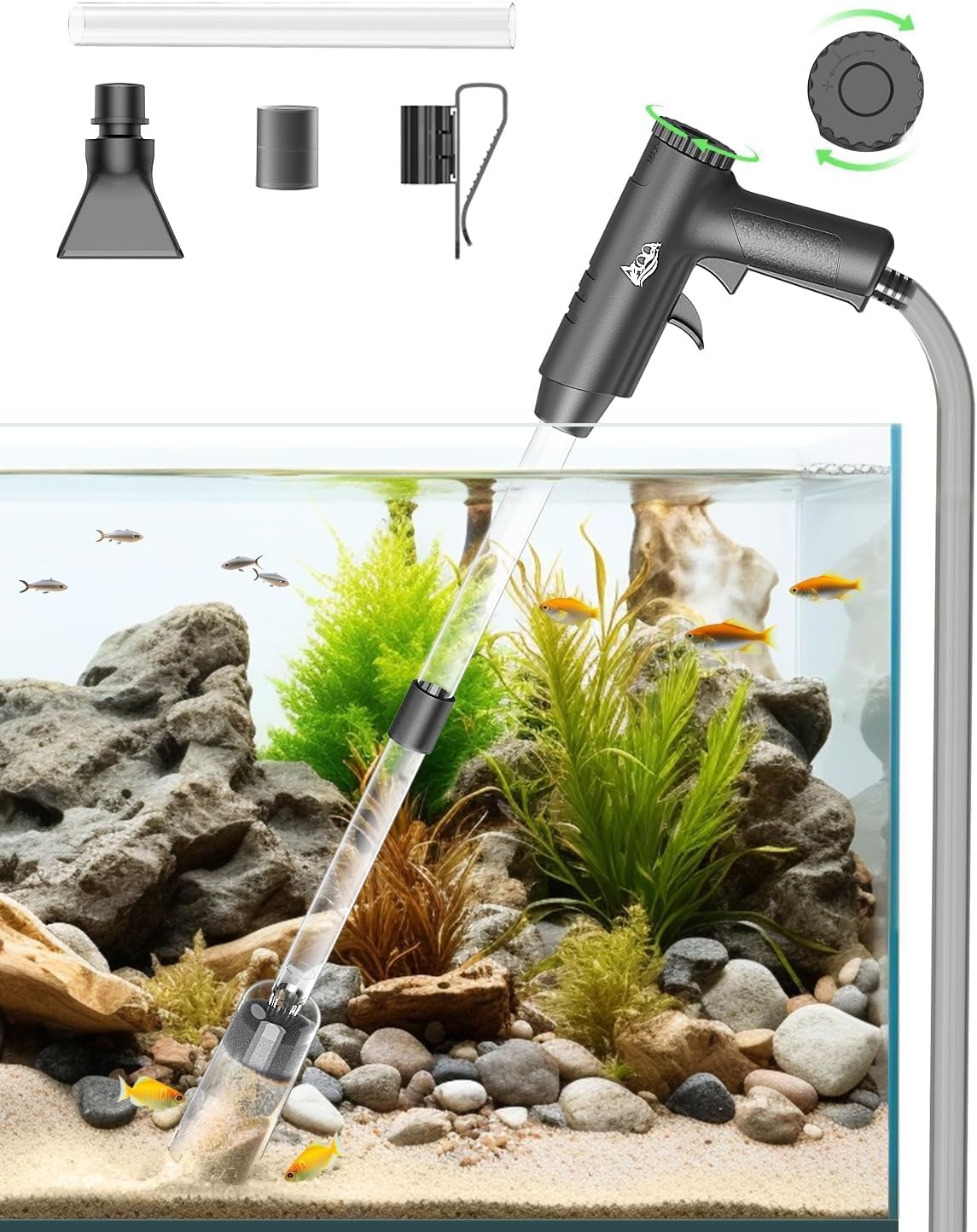 AQQA 4-in-1 Aquarium Gravel Cleaner - Powerful Manual Vacuum for Fish Tank Gravel Sand Cleaning, Water Change & Algae Removal