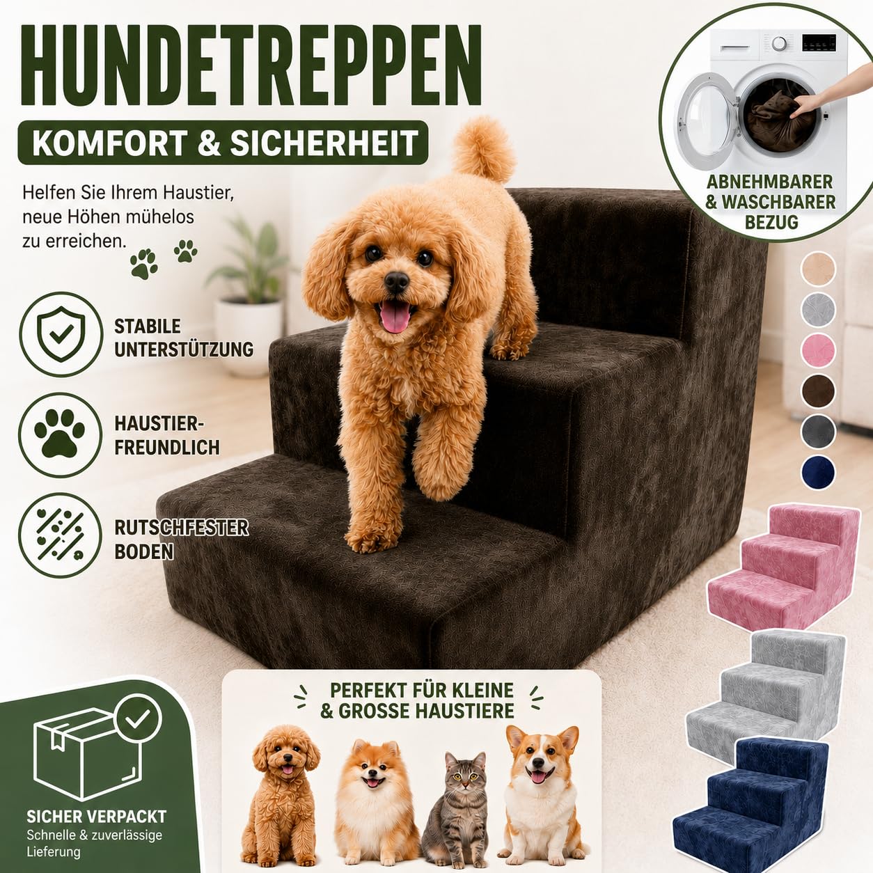 Muralo Hundetreppe 3 Stufen für Kleine Hunde, Katzen, Velvet - Flaschengrün