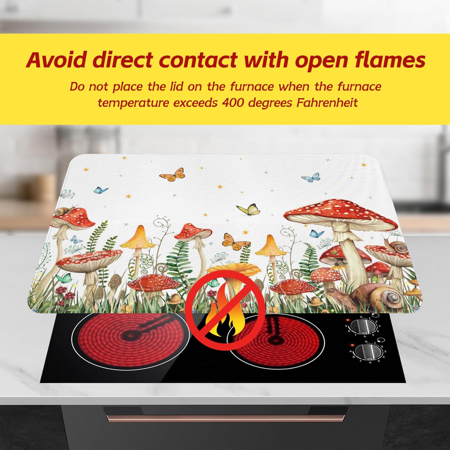 Spring Stove Top Cover for Electric Stoves,Mushrooms Butterfly Glass Stove Top Cover,Heat Resistant Cooktop Protector Mat,Non-Slip Washable Dish Drying Mat,Spring Summer Kitchen Decor,28"x20"