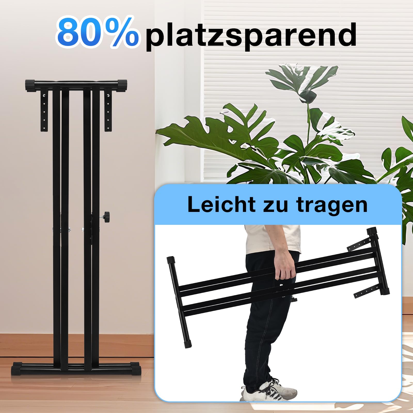 Keyboardständer-Doppelstrebig Keyboard Ständer mit Sicherheitslaschen, höhenverstellbar in 7 Stufen von 25-93cm, X-Form piano stand faltbar und abnehmbar, kann für 54/88 Tasten E-Piano, Kinderklavier