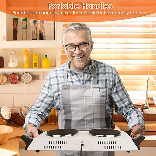 Miniatura 5 de Encimera eléctrica doble quemador, placa de cocina de 2000 W con placa caliente de hierro fundido y asas que se mantienen frescas, control de